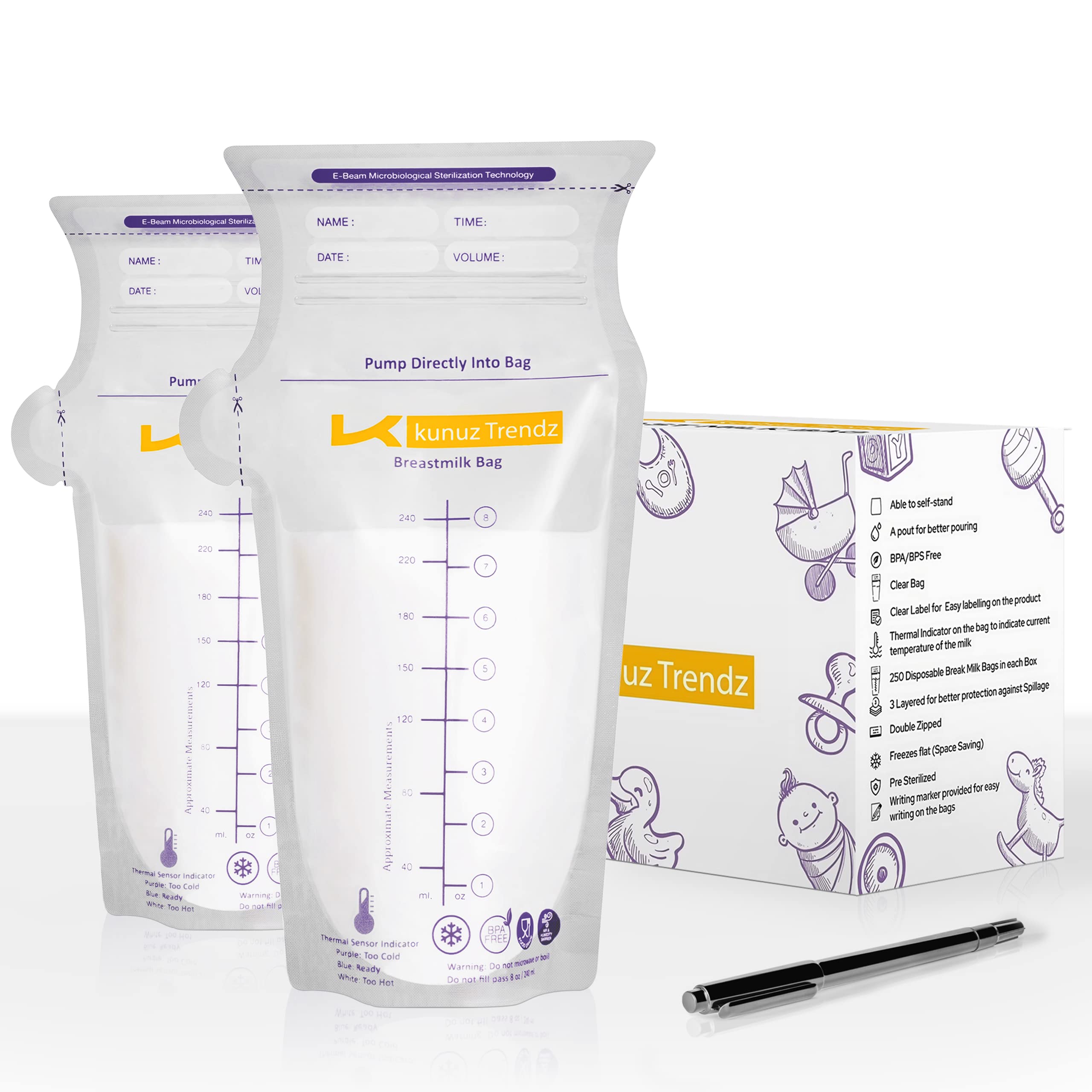 K KUNUZ TRENDZKunuz Trendz Breastmilk Storage Bags - 250-Count, 8oz/240ml, Pre-Sterilized Breast Milk Pouches with Temperature Sensor, Dual Zip-Locking Seal,Capacity Markings - Nursing & Breastfeeding (250 Count)