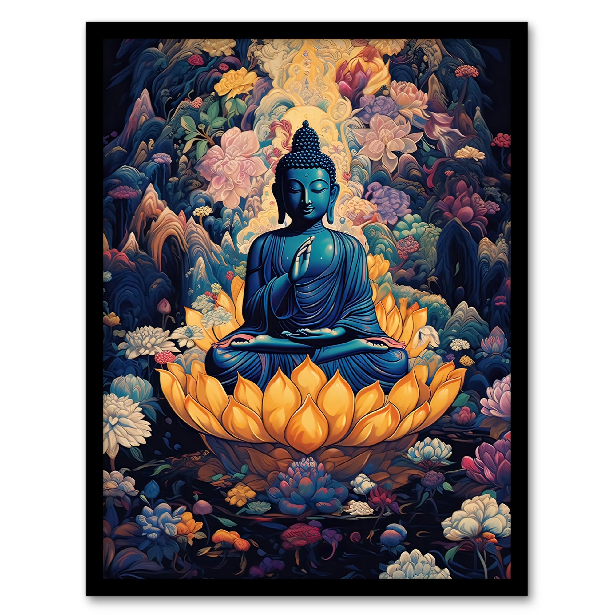 Artery8 Buddha in Lotus Flower Nirvana Concept Art Blue Orange Pink Floral Psychedelic Painting Artwork Framed Wall Art Print 18X24 Inch