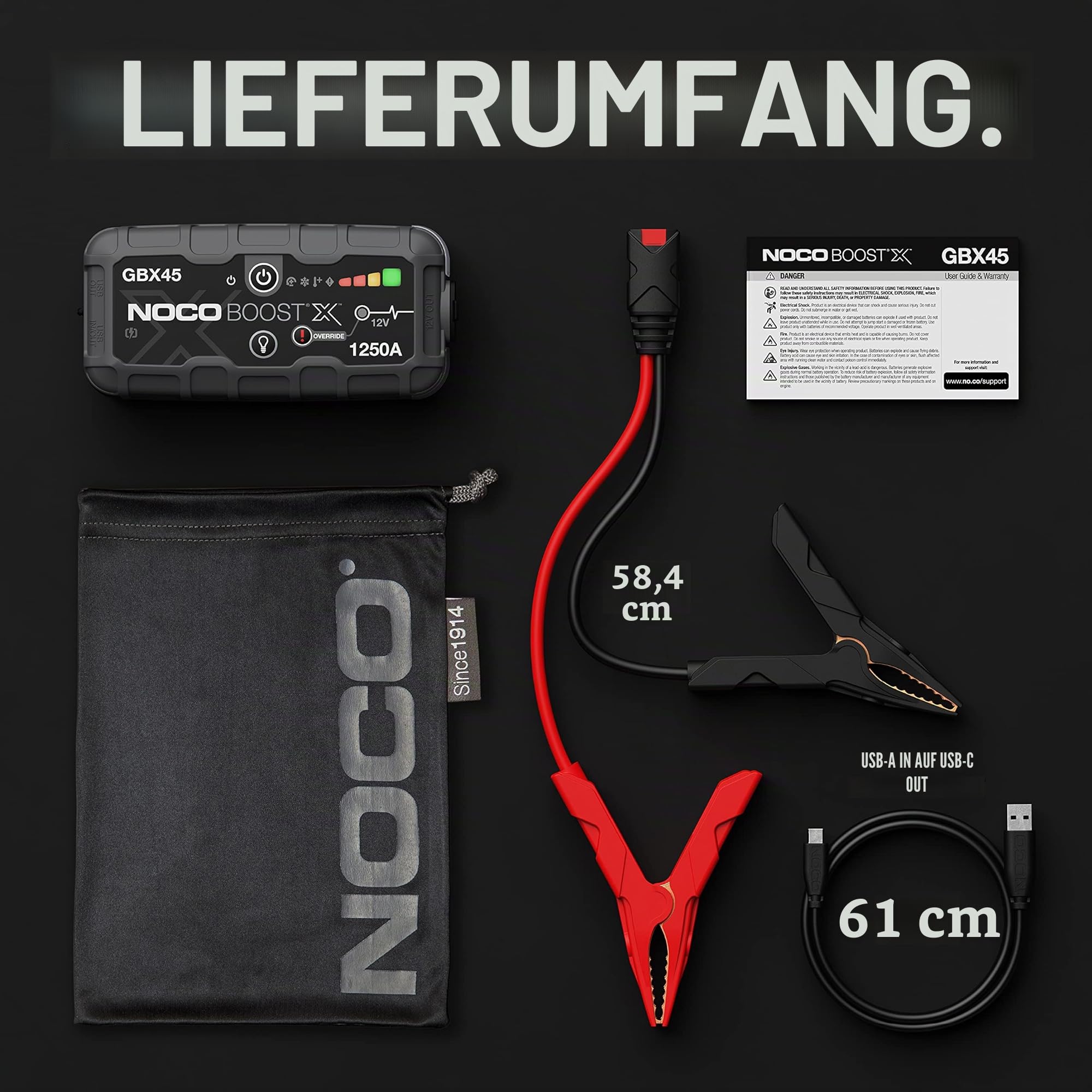 NOCO Boost X GBX45: 1250A UltraSafe Starthilfe Powerbank – 12V Lithium-Starthilfegerät & Starterkabel – Tragbarer Booster für Benziner bis 6,5L & Diesel bis 4,0L