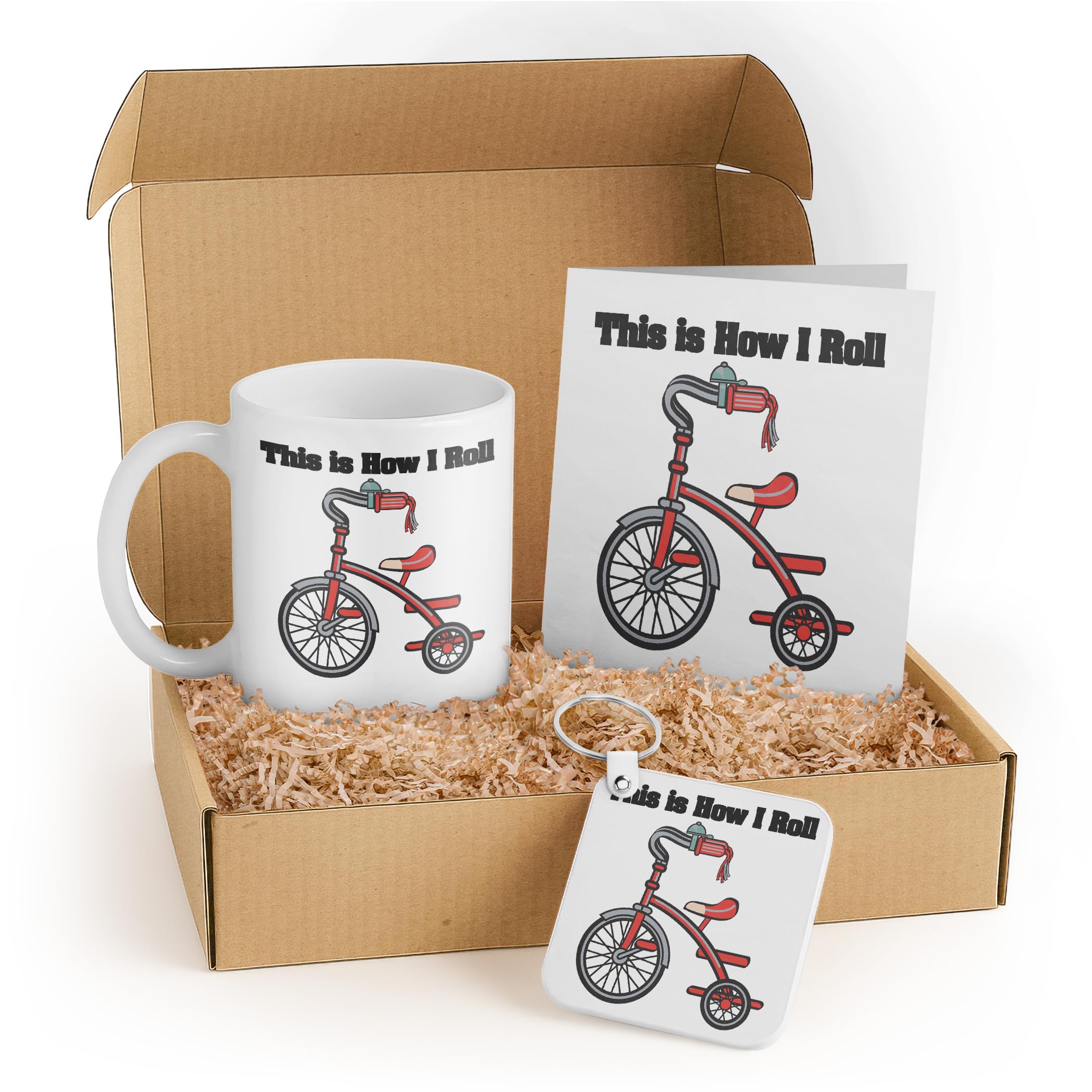 3dRose Funny Bike Enthusiast Gift Set with Mug, Keychain, and Card – Red Tricycle Illustration – Ideal for Kids and Birthdays