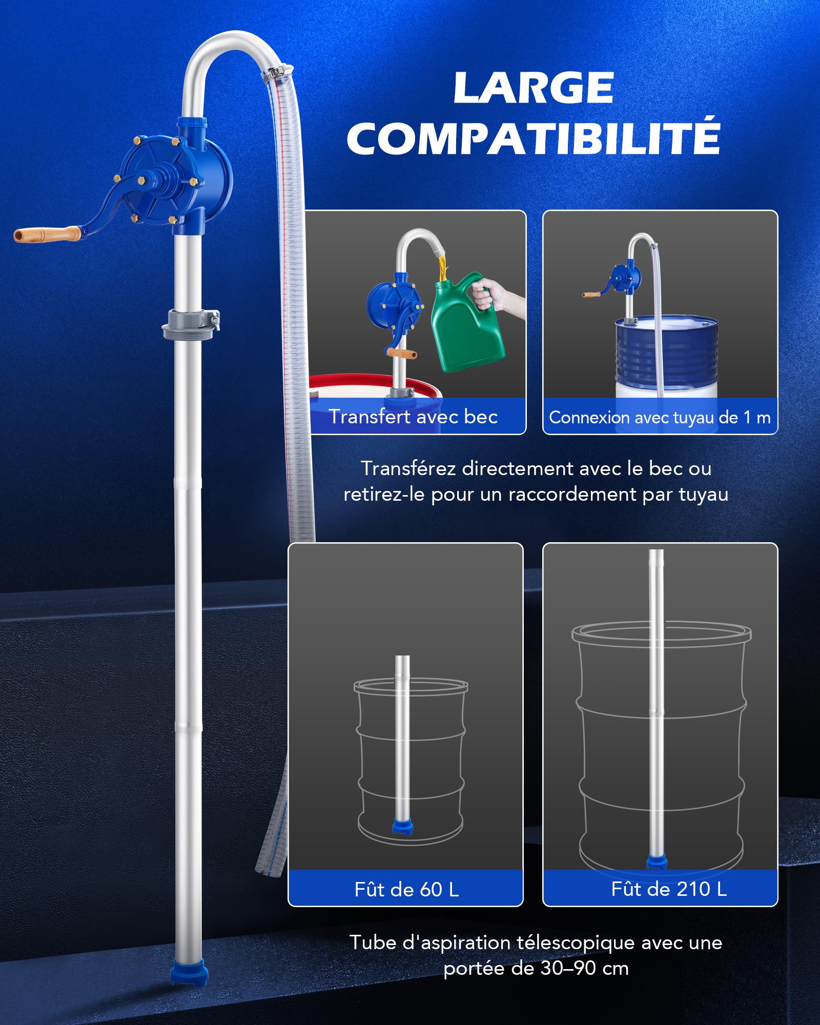 Orion Motor Tech Pompe Manuelle Carburant pour Fût 200L, Pompe de Transfert à Manivelle en Aluminium pour Diesel et Huile Moteur, Pompe à Huile avec Tuyau de 1m pour Fûts de 60 à 200 Litres