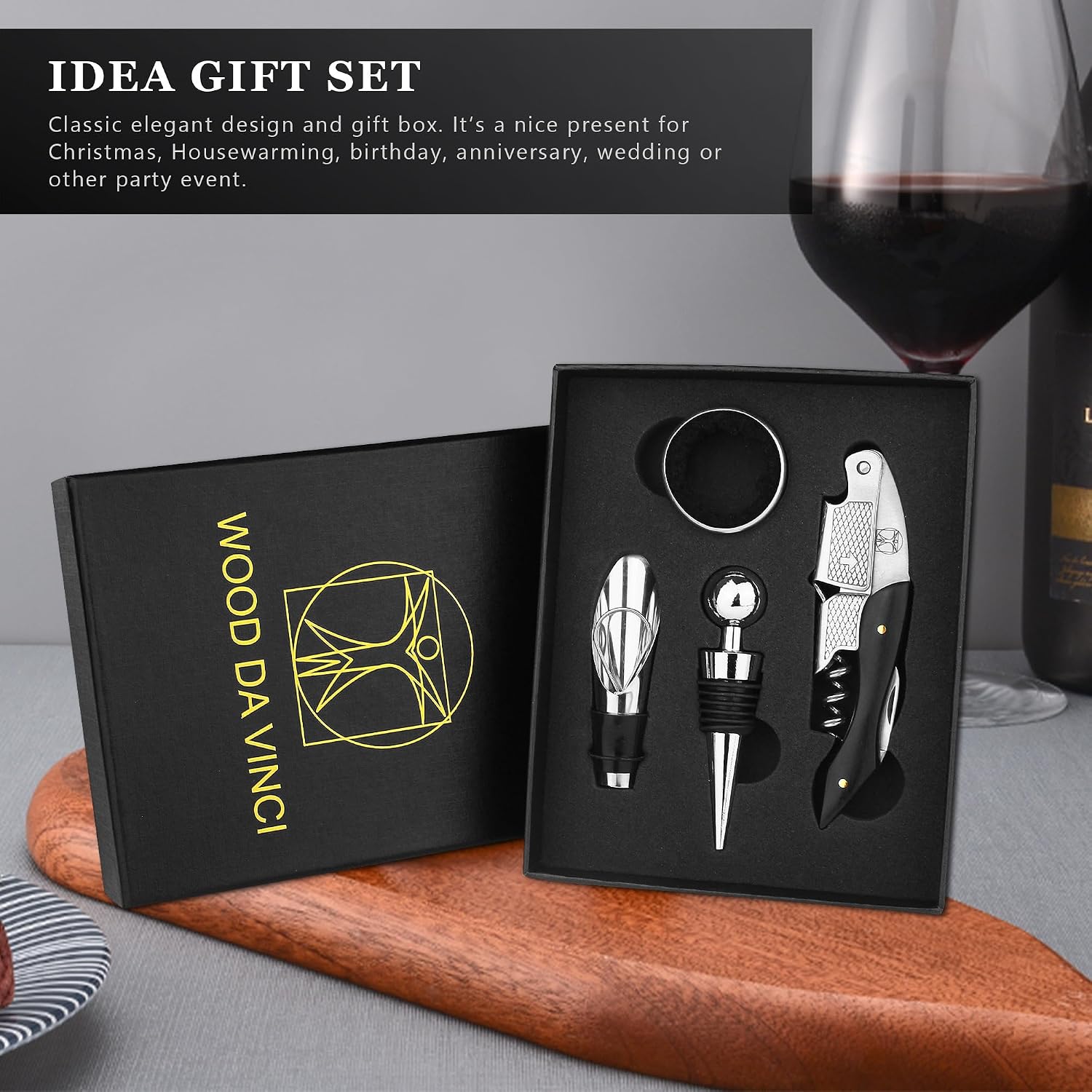 Wine Bottle Opener Set – Stainless Steel Corkscrew, Wine Stopper, Drip Ring, and Wine Pourer in a Stylish Gift Box – Perfect Wine Accessories for Enthusiasts & Gifts