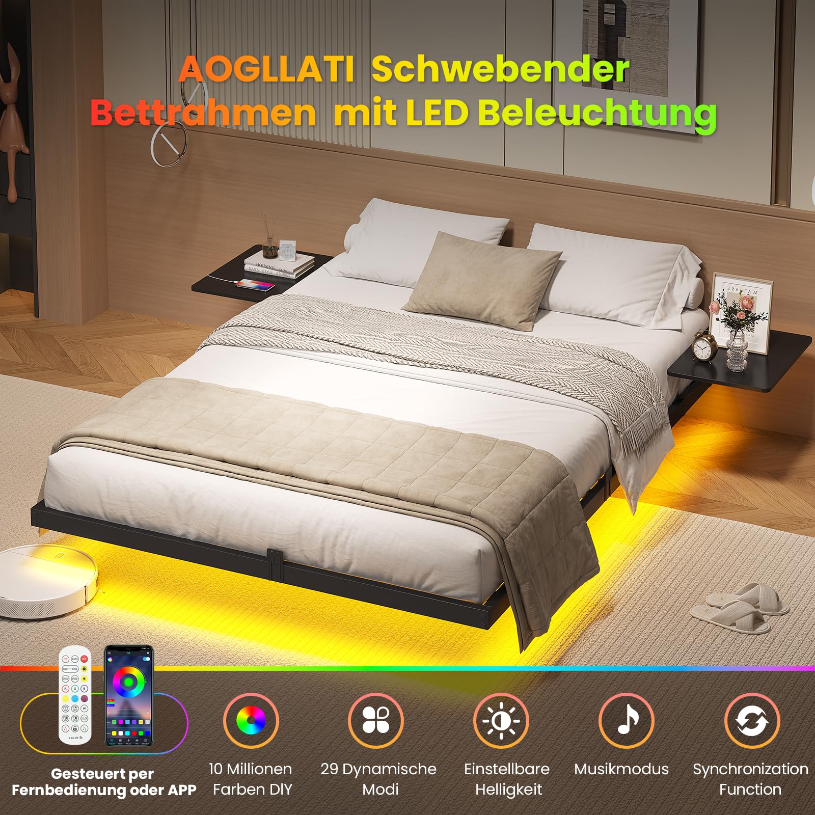 AOGLLATI Bettgestell 140x200 Bett 140x200 aus Metall mit LED Beleuchtung und Ladestation Schwebender Bettrahmen mit Aufbewahrungsregalen Metallbett mit Lattenrost Doppelbett Schwarz (Ohne Matratze)