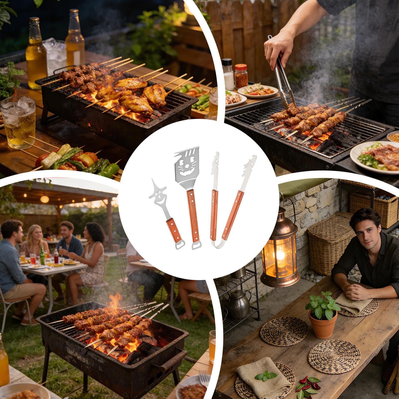 Set di Utensili per Barbecue 3 Pezzi Multifunzionale Compatto Completo