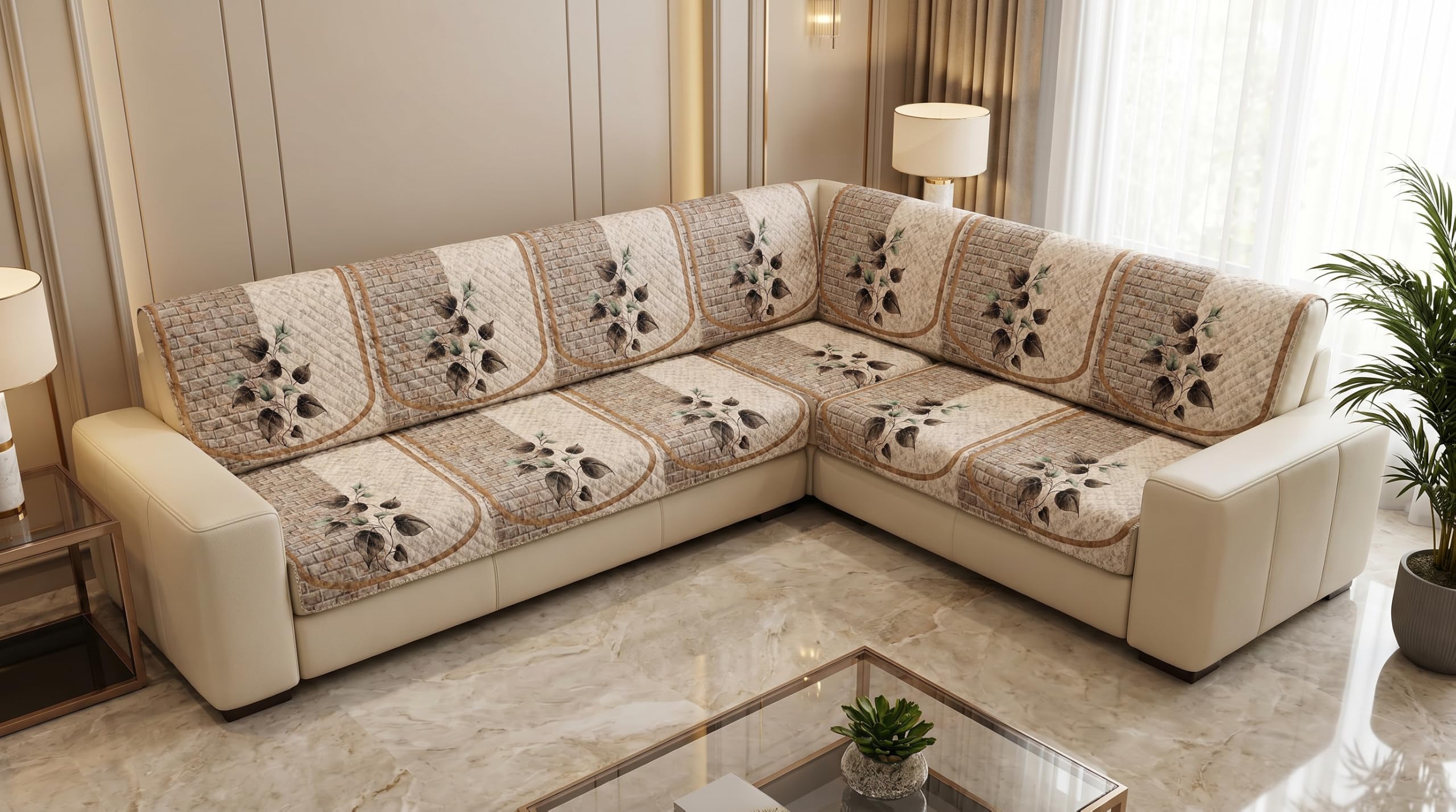 Quilted Velvet Sofa Cover Beige L Shape 3+2 NoSlip Grip | NoSlip Rod Grip with Plush Quilted Velvet-image-27