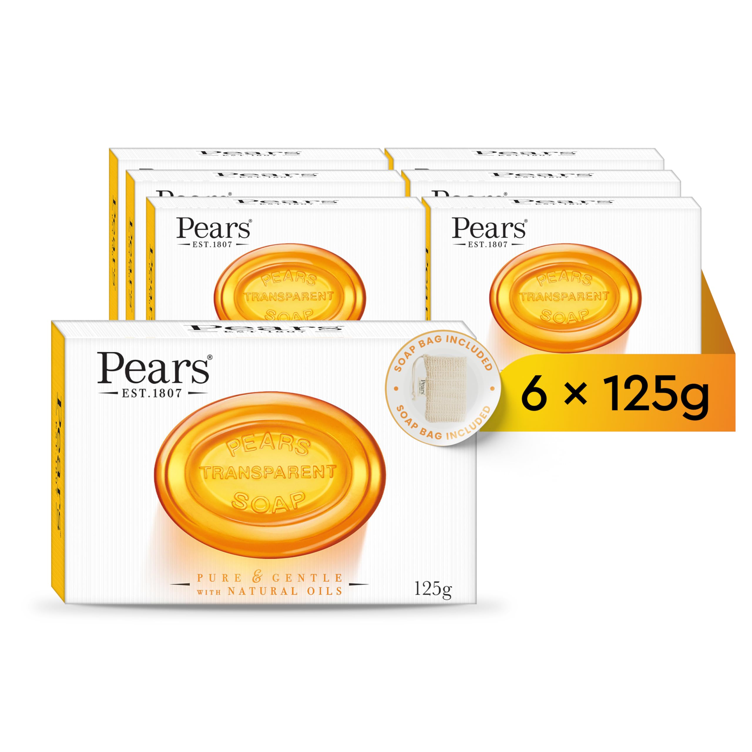 Pears Natural Amber Soap Bars 125g 6 Pack + 1x Soap Bag