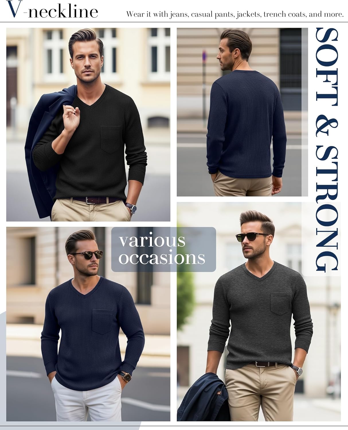 3 Pack Men's Waffle Thermal Long Sleeve Shirts V Neck Lightweight Tops Casual Pullover Undershirts with Pocket - Image 2