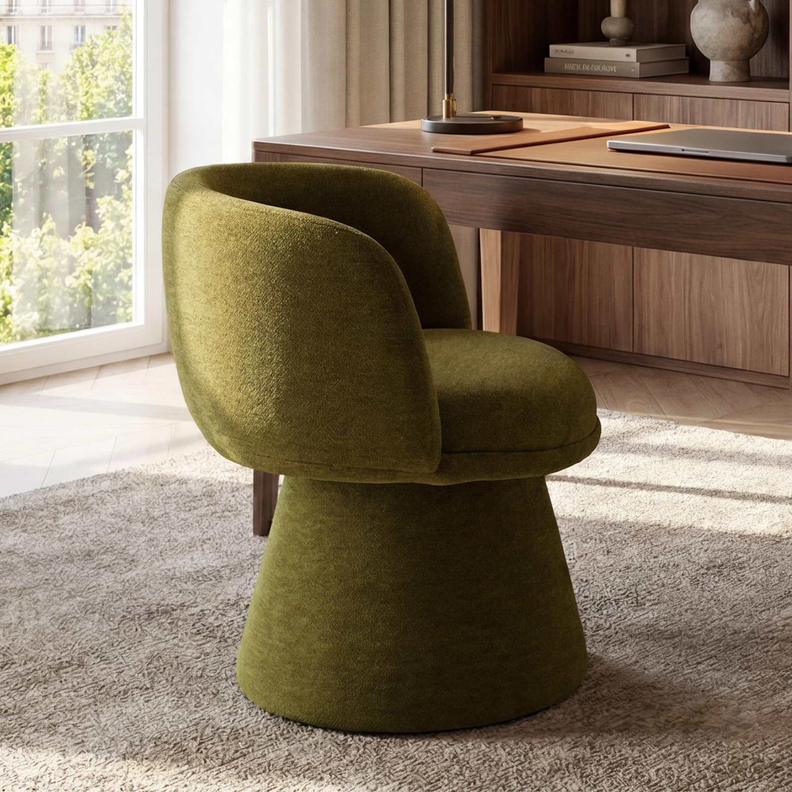 Poltrona Rétro Girevole in Ciniglia per Soggiorno, Verde | Sedia Camera da Letto con Seduta Imbottita, Schienale Curvo, Gambe in Metallo, Ideale per Sala da Pranzo/Casa