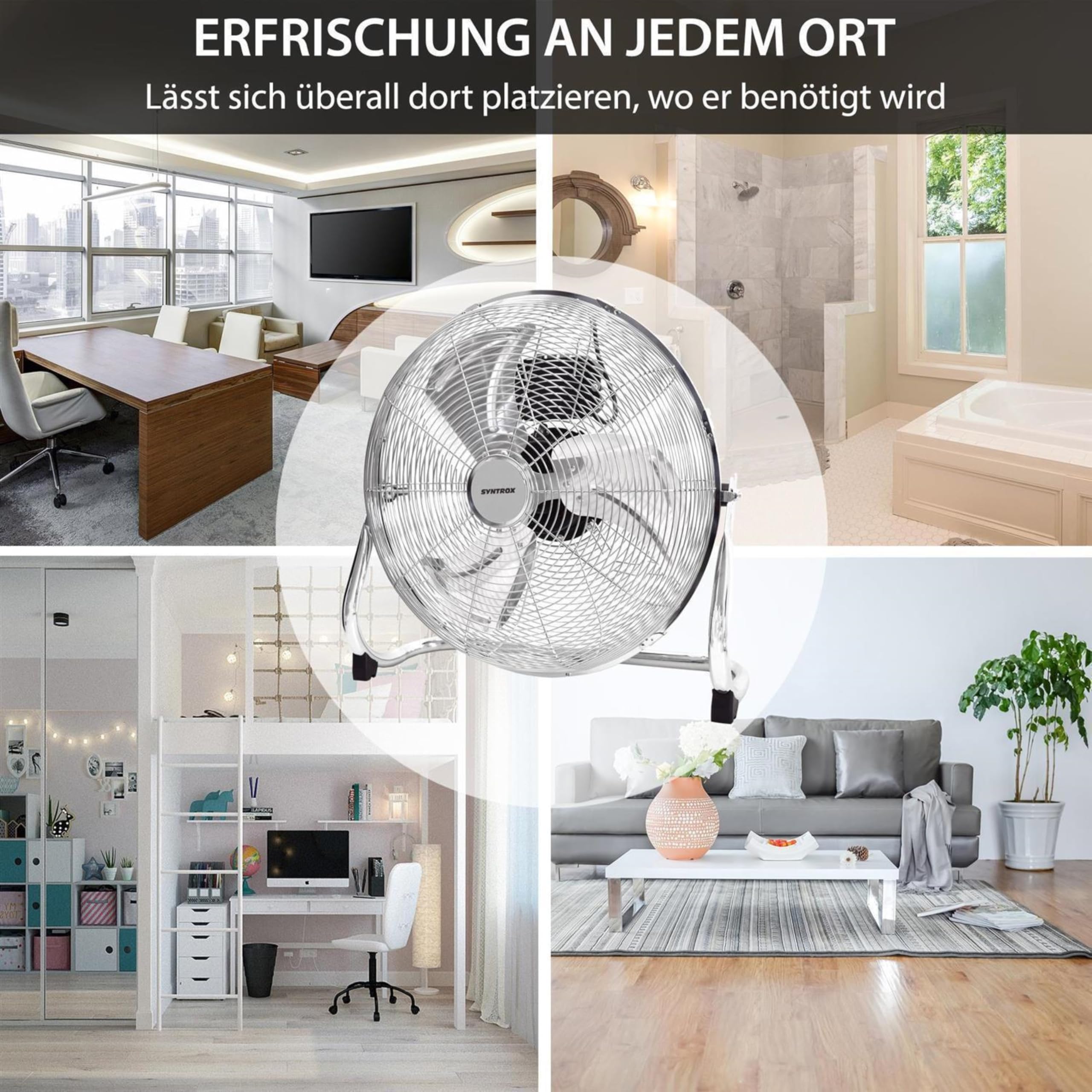 Syntrox Turbo Ventilator Quirbos | Edelstahl Windmaschine | Bodenventilator, 41 cm Rotorblatt, 3 Geschwindigkeitsstufen, 100 Watt, Stabil und standfest