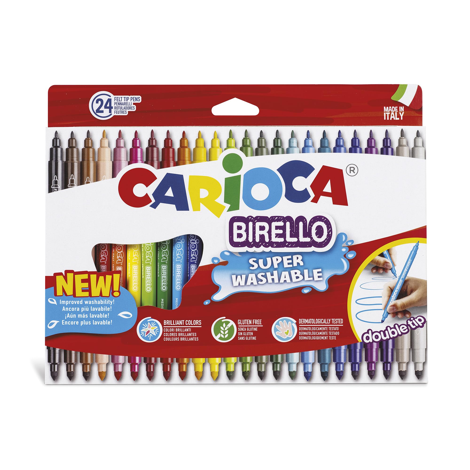 Carioca BIRELLO 41521 Caja de Rotuladores Doble Punta Superlavables, Colores Surtidos, 24 Colores, Multicolor