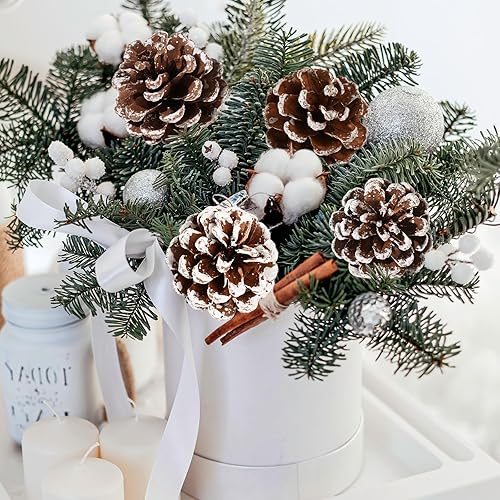 Miniatura 7 de Púas de pino natural de Navidad de 3 pulgadas, 15 piezas de piñas de nieve para decoración de árbol de Navidad, hogar, fiesta, bricolaje