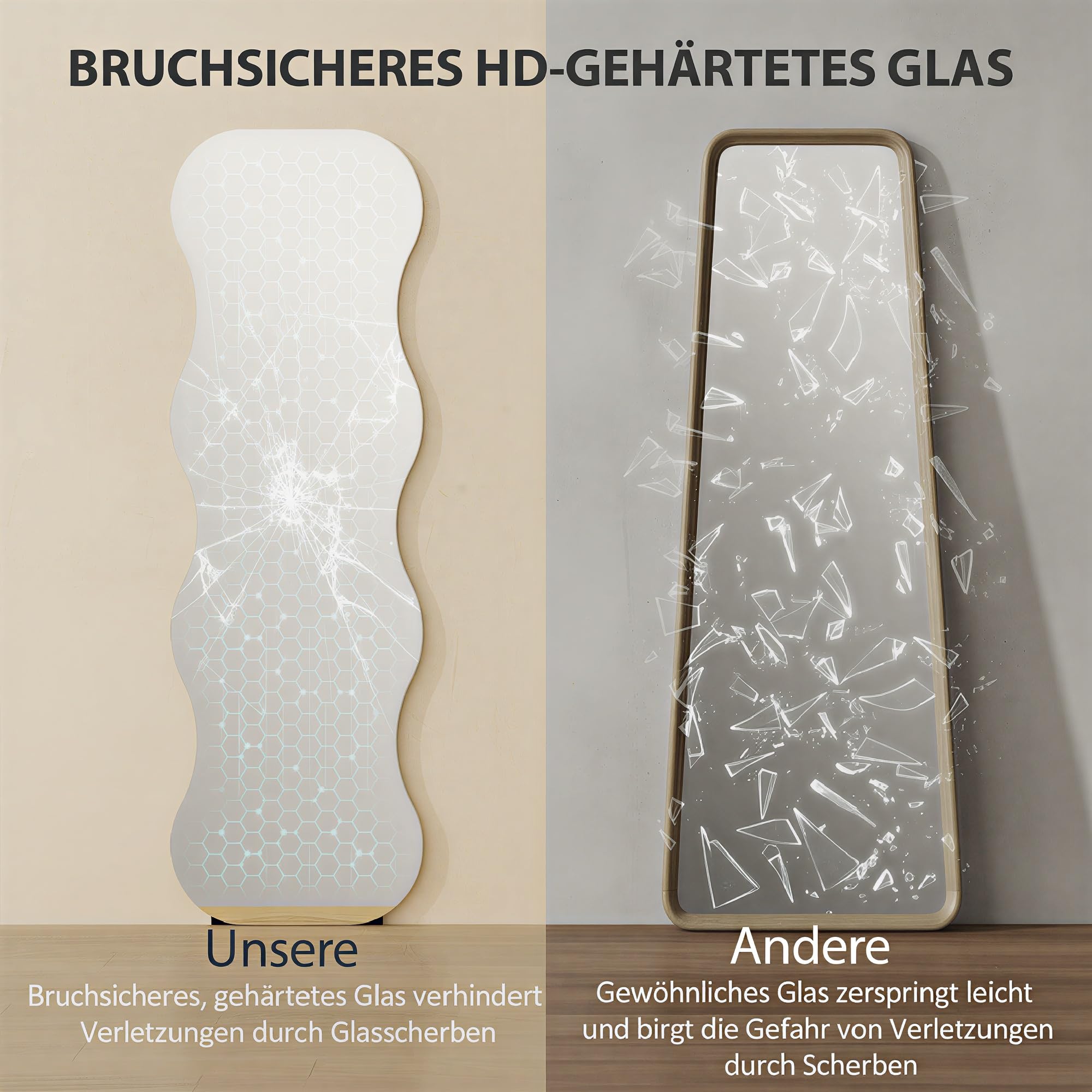 HOMCOM Ganzkörperspiegel 160 x 50 cm, rahmenloser Standspiegel mit unregelmäßig gewelltem Design, Holzsockel, zum Stehen oder Anlehnen, Modern Deko Spiegel für Schlafzimmer, Flur, Wohnzimmer, Schwarz