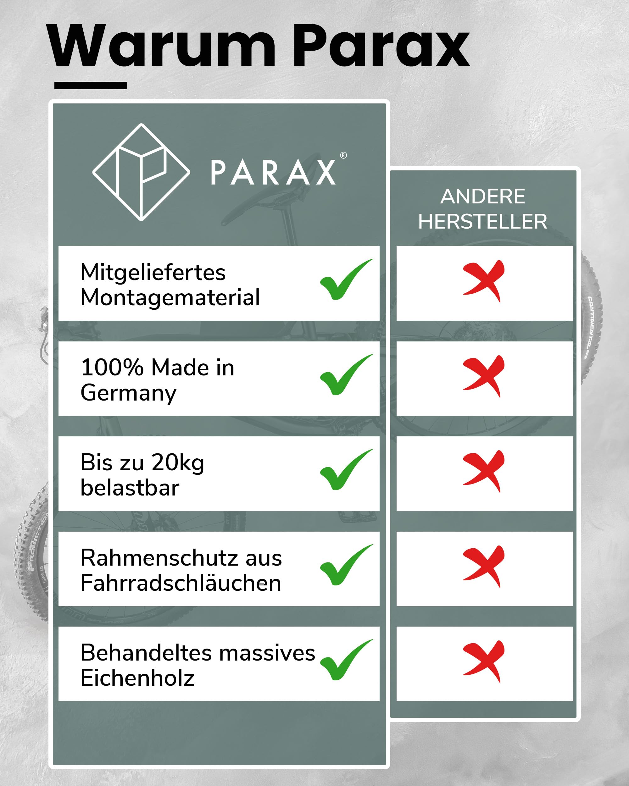 PARAX Fahrrad Wandhalterung - Holz und Fahrradschlauch - Fahrradträger Sticks bis 20 kg - Indoor Fahrrad Aufbewahrung