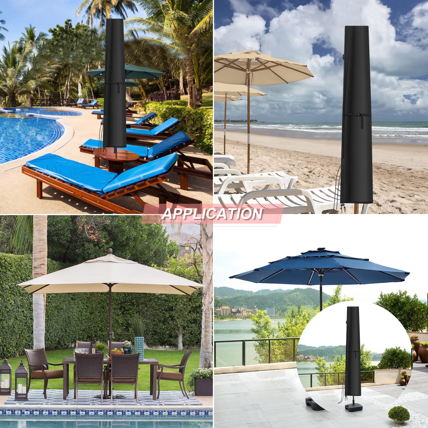 Housse de parasol de jardin imperméable 190x30/50cm anti-UV coupe-vent parasol 2-3 m