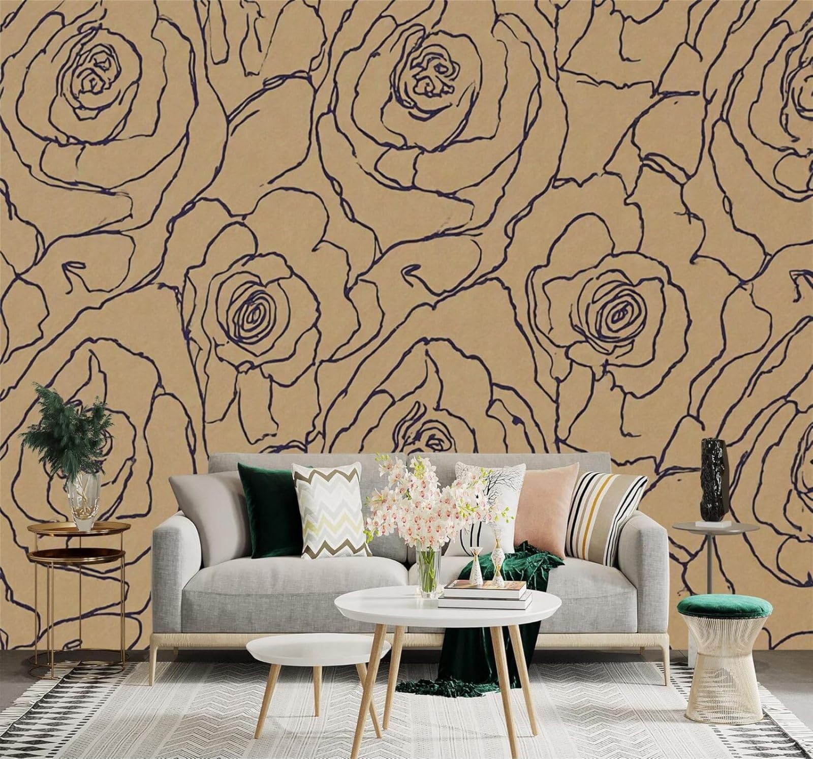 Xlming 430Cm×300Cm(B×H) Abstract Rose Pattern Hand Drawn Style Brown Background 3D Wallpaper Silky Texture Home Study Office Grey Dining Room Sofa Bedroom Living Room Tv Backdrop-430Cm×300Cm