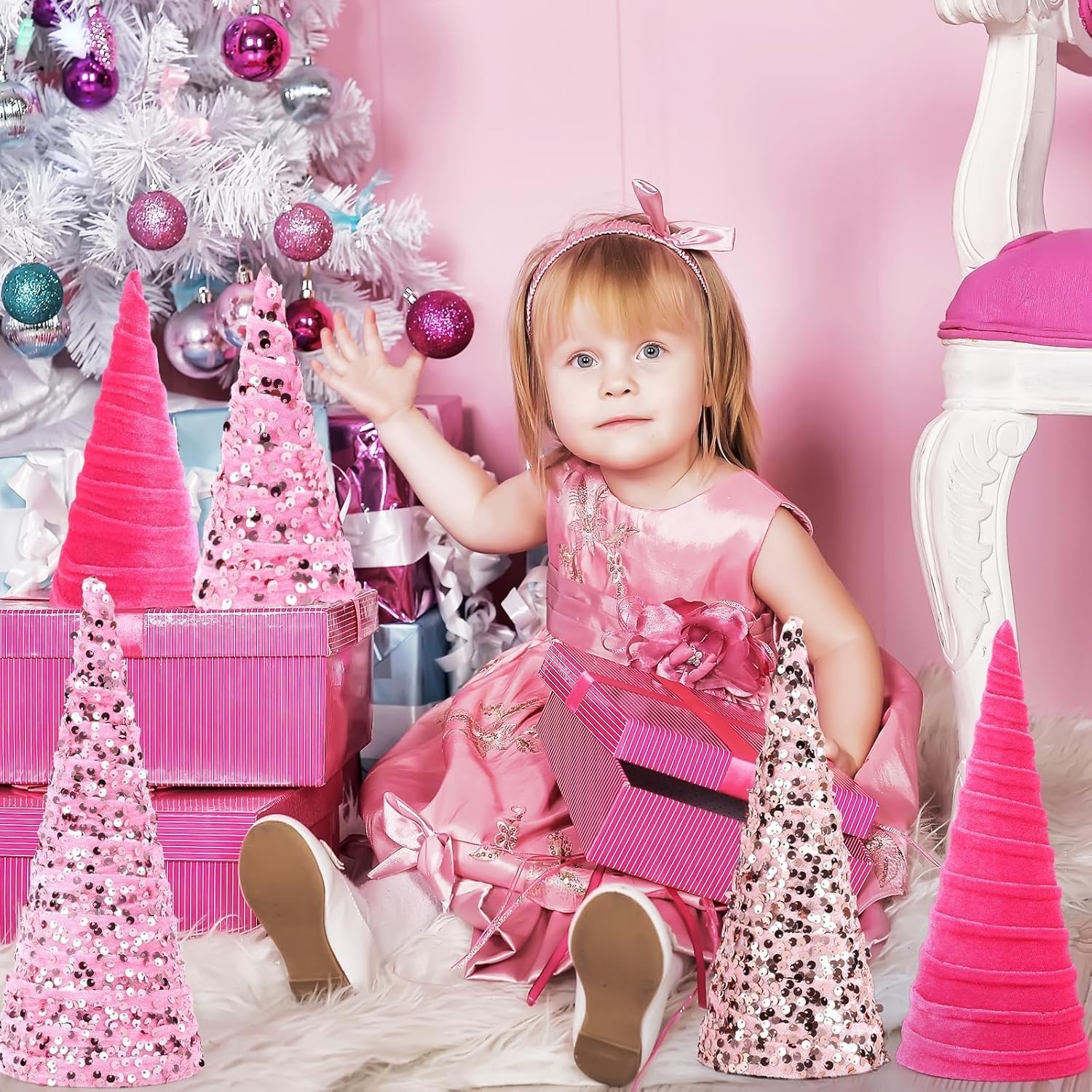 6 Pcs 12" 10" 6" Pink Valentines Cone Tree Decorations Velvet Pink Glitter Table Decor Flocked Farmhouse Tiered Tray Ornament Valentines Xmas Tree for Home Holiday Entryway Tabletop Centerpiece Decor - Image 6