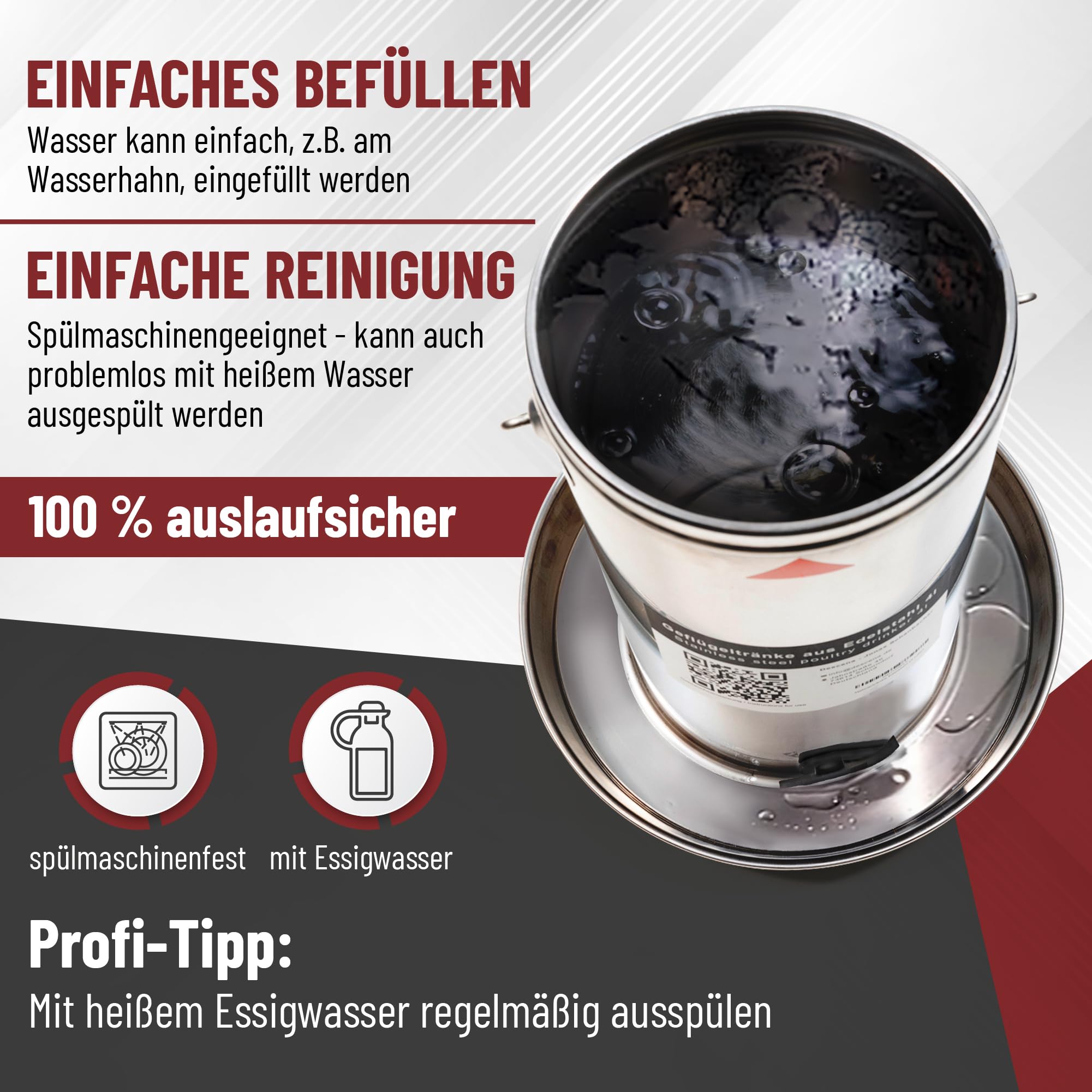 Descena Hühnertränke Edelstahl 4L – Geflügeltränke von Oben befüllbar | Rostfreier Edelstahl 304 (V2A), automatische Wasserregulierung, spülmaschinengeeignet, Tränkenwärmer-kompatibel