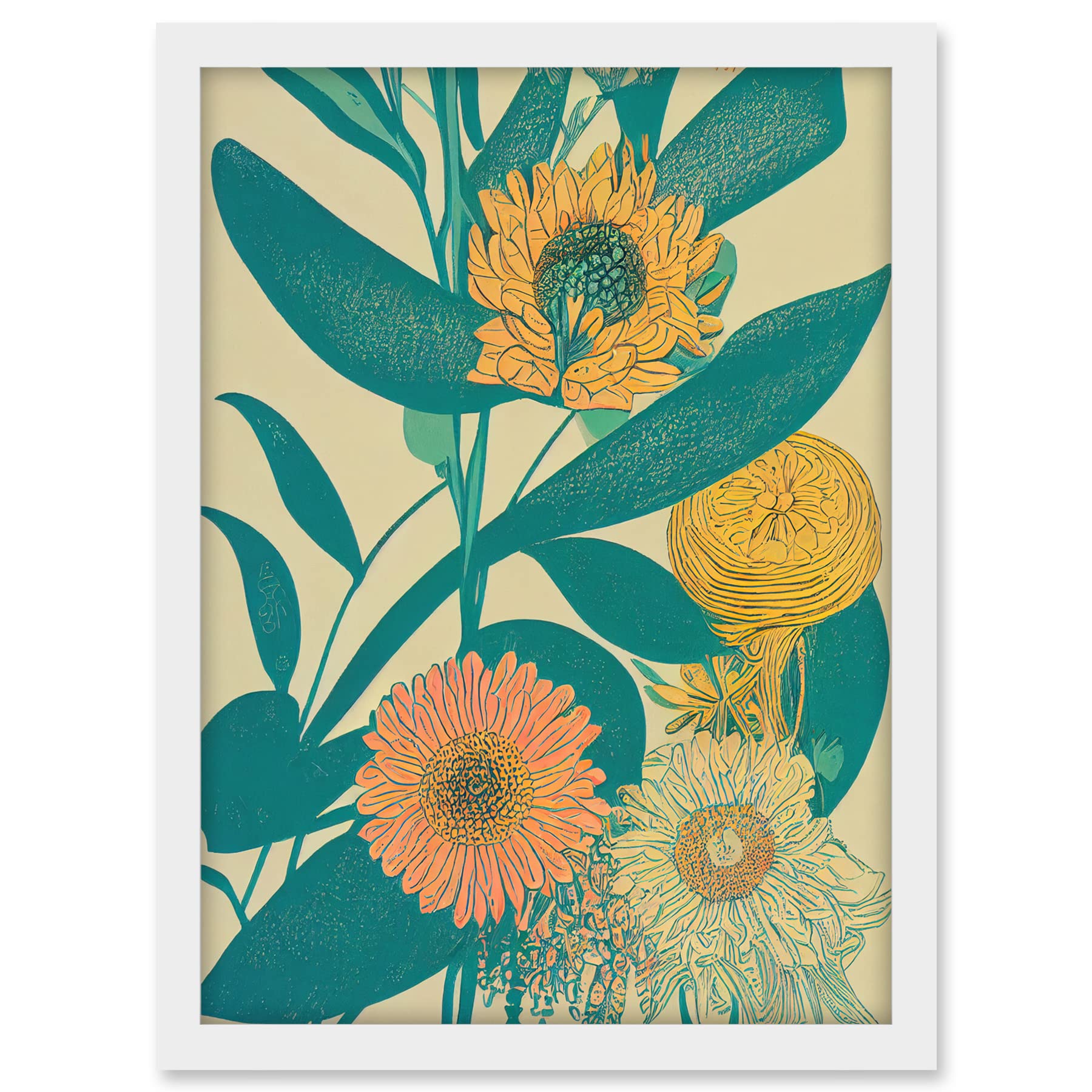 Wee Blue Coo Marigold Daisy Flowers Turquoise Leaves Bright Colourful Abstract Artwork Framed A3 Wall Art Print