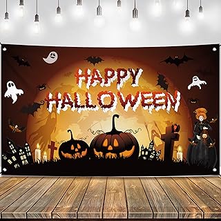 KatchOn, Haunted Happy Halloween Backdrop - XtraLarge, 72x44 Inch | Scary Pumpkin Happy Halloween Banner for Halloween Decorations Outdoor | Halloween Pumpkin Backdrop for Halloween Party Decorations
