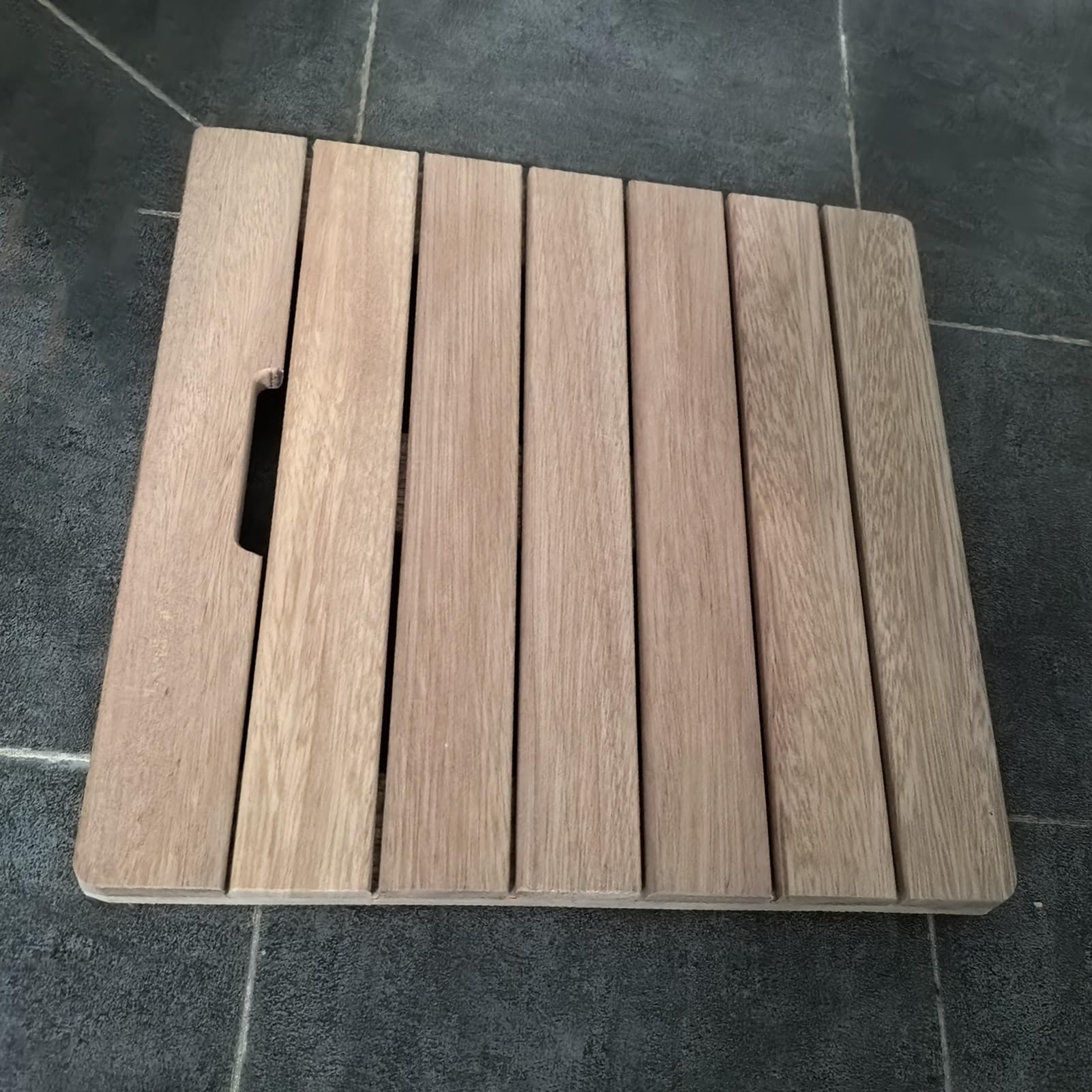 QIYFOZ Premium Non-Slip Cedar Wood Bath Mat - Quick-Dry, Extra-Large Drain Grate Shower Mat - Stylish, Durable Bathroom Accessory for Modern Homes (19.7"x19.7")