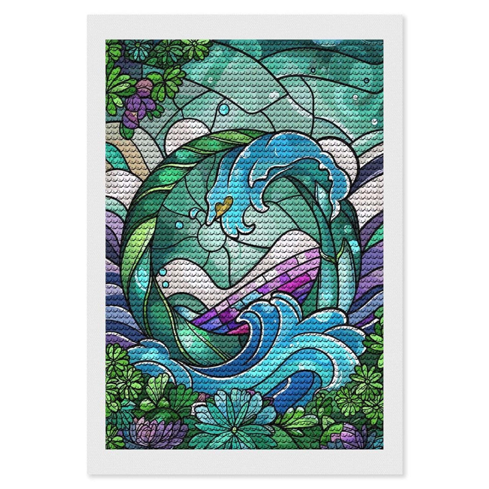 Junmoney Stained Glass Wave and Floral Design Diamond Painting Set 8"x12", for Beginners, Modern Decor, Simple to Start, Gift Idea, Pleasing Wall Art Project