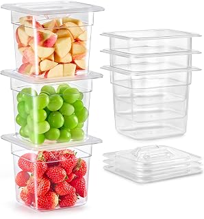 Wilprep 6 Pack Plastic Food Pans with Lids, 1/6 Size 6 in Deep Clear Food Storage Containers, 2.6 qt Stackable Polycarbonate Commercial Hotel Pans for Fruits Vegetables Beans Corns, NSF Listed