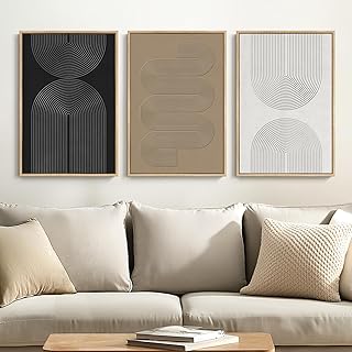 Framed Black and White Brown Abstract Wall Art, 3 Piece Boho Geometric C...