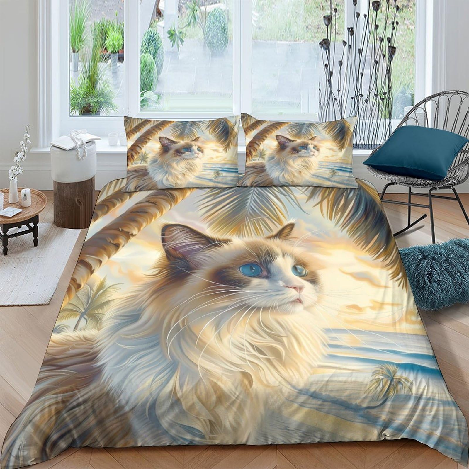 GPLZQXKJNH 3D Printed Fluffy Cat Duvet Cover Microfiber Soft Breathable Sunlit Feline Bedding Set with 2 Pillowcases for Bedroom Decor Single（135x200cm）