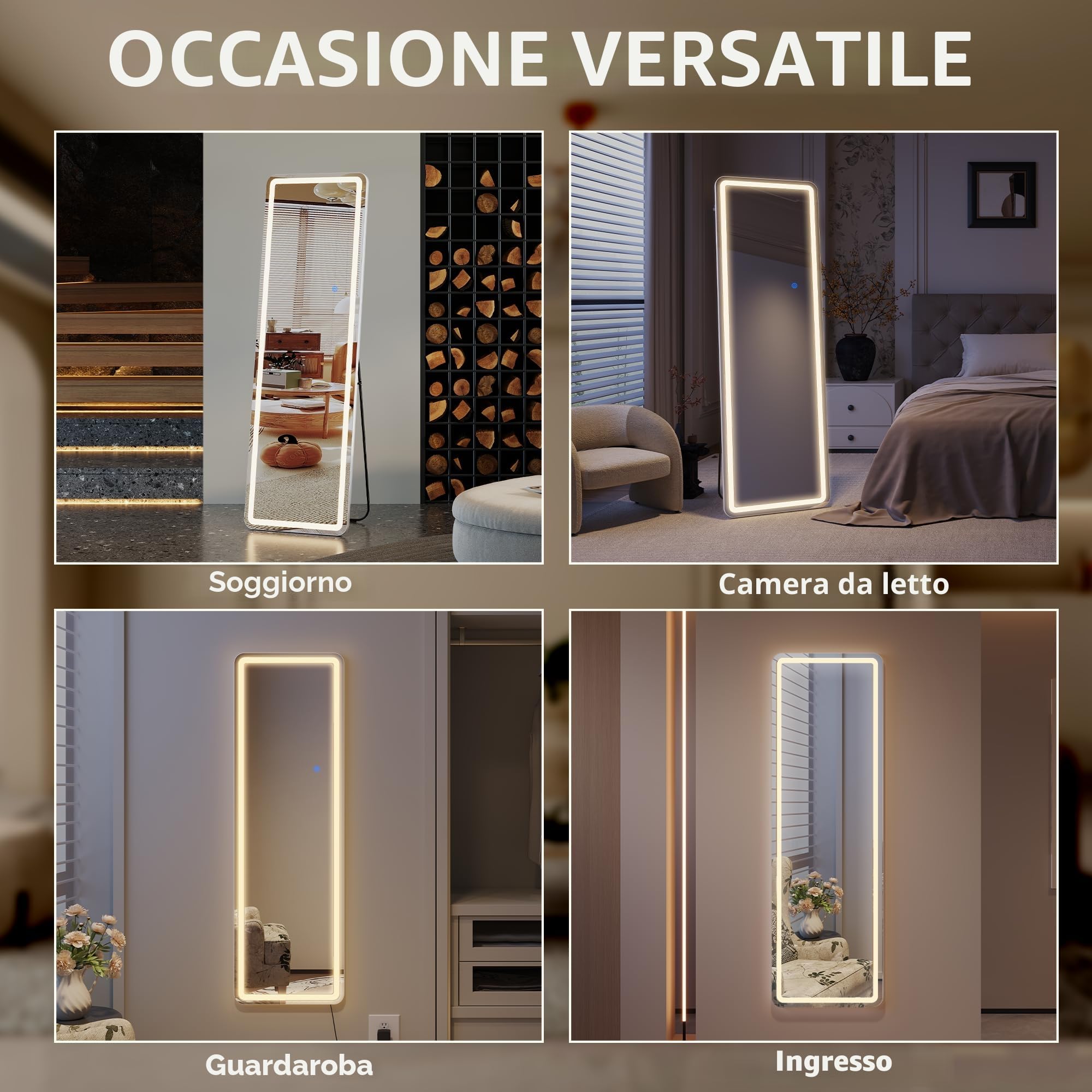 ZKIODV Specchio da parete 160 x 50 cm, con illuminazione, specchio a LED grande, grande specchio illuminato, con supporto per camera da letto, soggiorno, corridoio (nero)