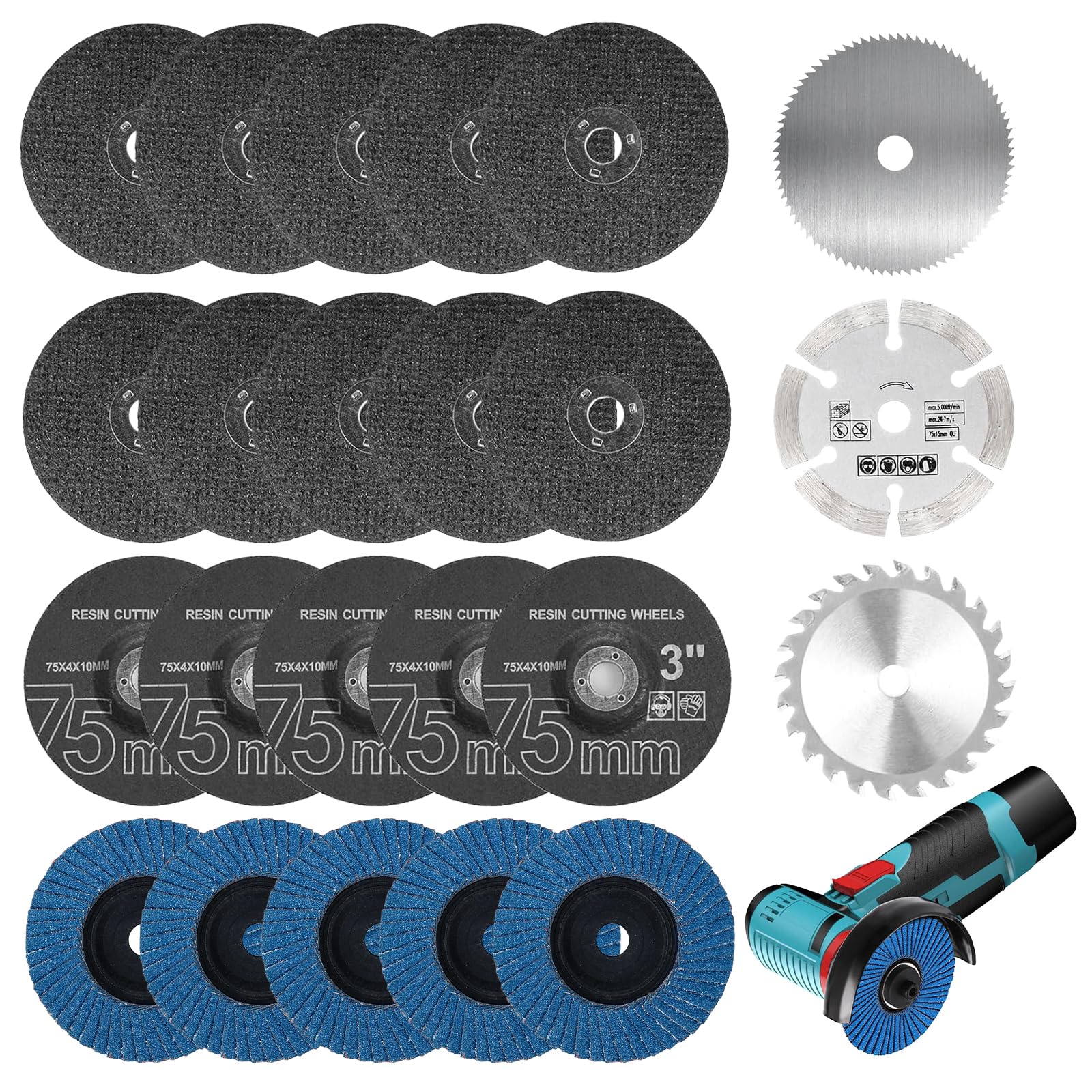 23 Stück 75mm Trennscheiben & Fächerscheiben Set, Bohrung Ø 10 mm, Winkelschleifer Zubehör für Mini Winkelschleifer, Schneiden, Polieren, Schleifen von Metall Holz Kunststoff