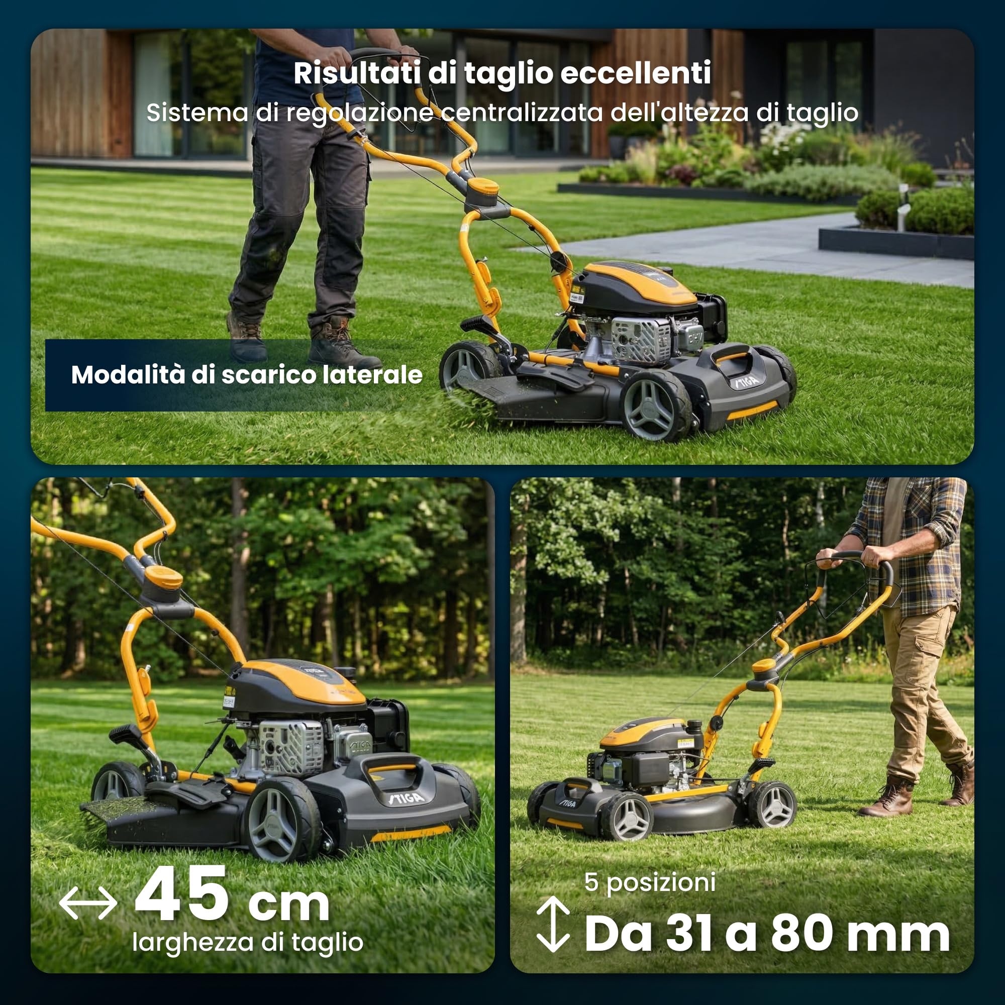 STIGA Multiclip 747 SD Tagliaerba a Scoppio, 139 cc, 45 cm – Mulching Integrato, Regol. 5 Posizioni – Prati fino a 1.500 m²