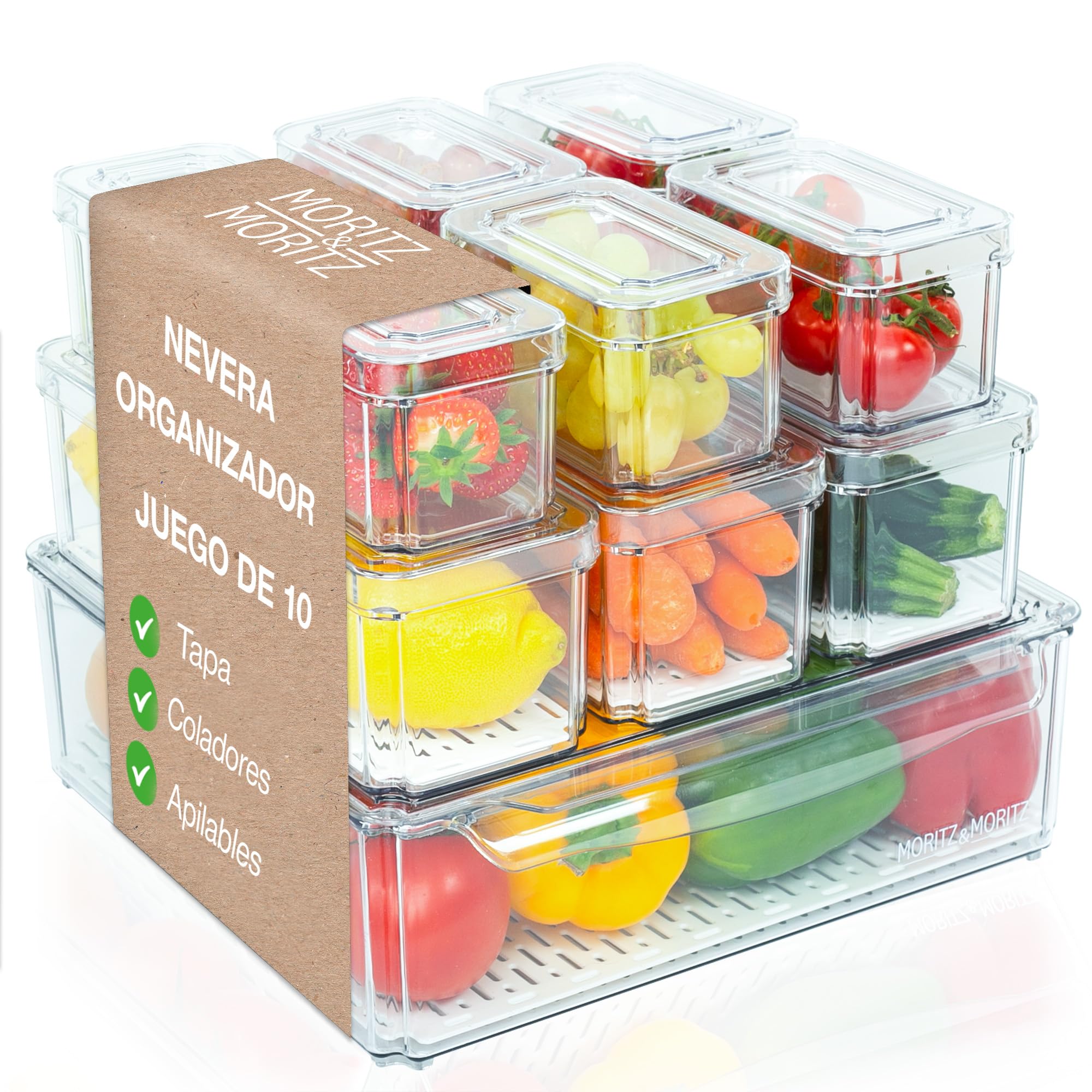 Moritz & Moritz Juego de 10 organizadores para frigorífico con tapa, apilables, transparentes, resistentes, para cocina, armario o cajón