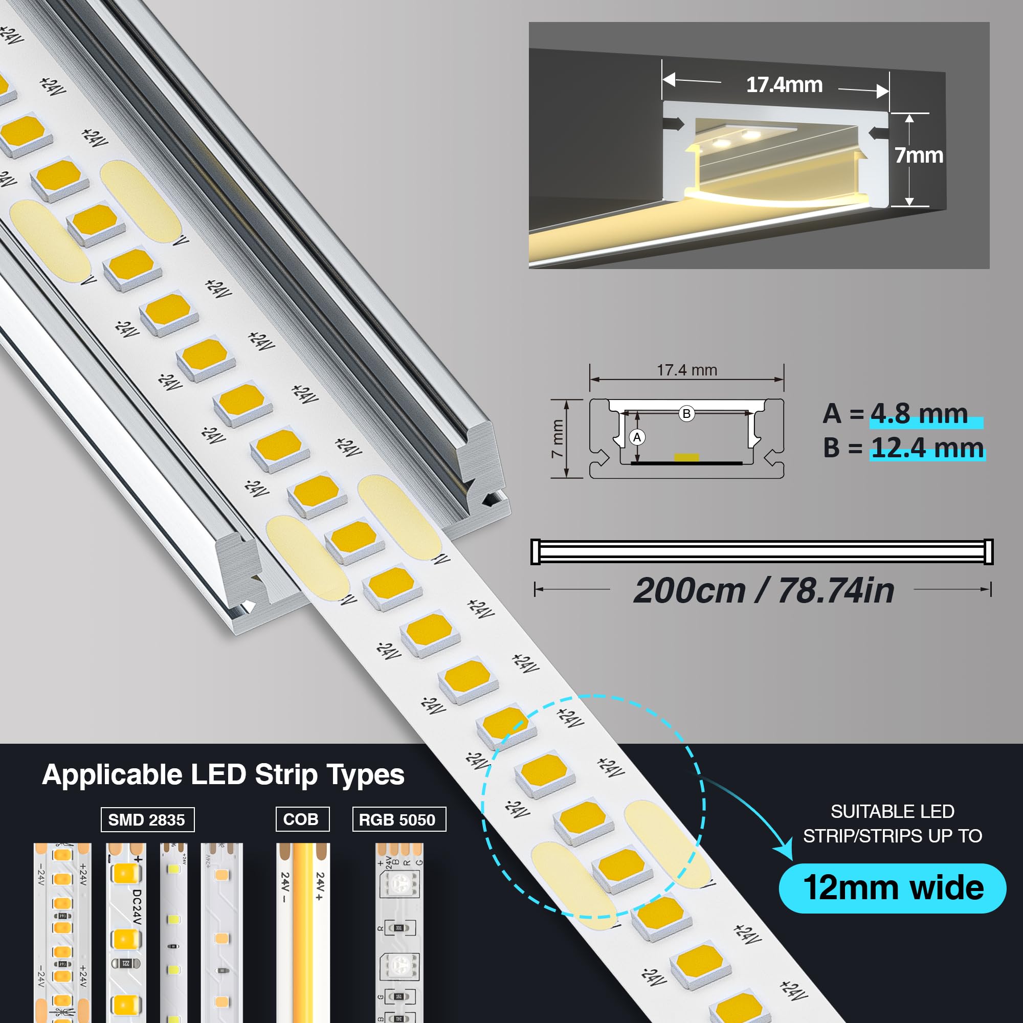 10 x LED profilo in alluminio da 2 m, per strisce LED fino a 17 mm, canale LED con diffusore bianco latte, dimensioni: 17,4 x 7 mm (20 m), adatto per cartongesso, montaggio a soffitto e armadi