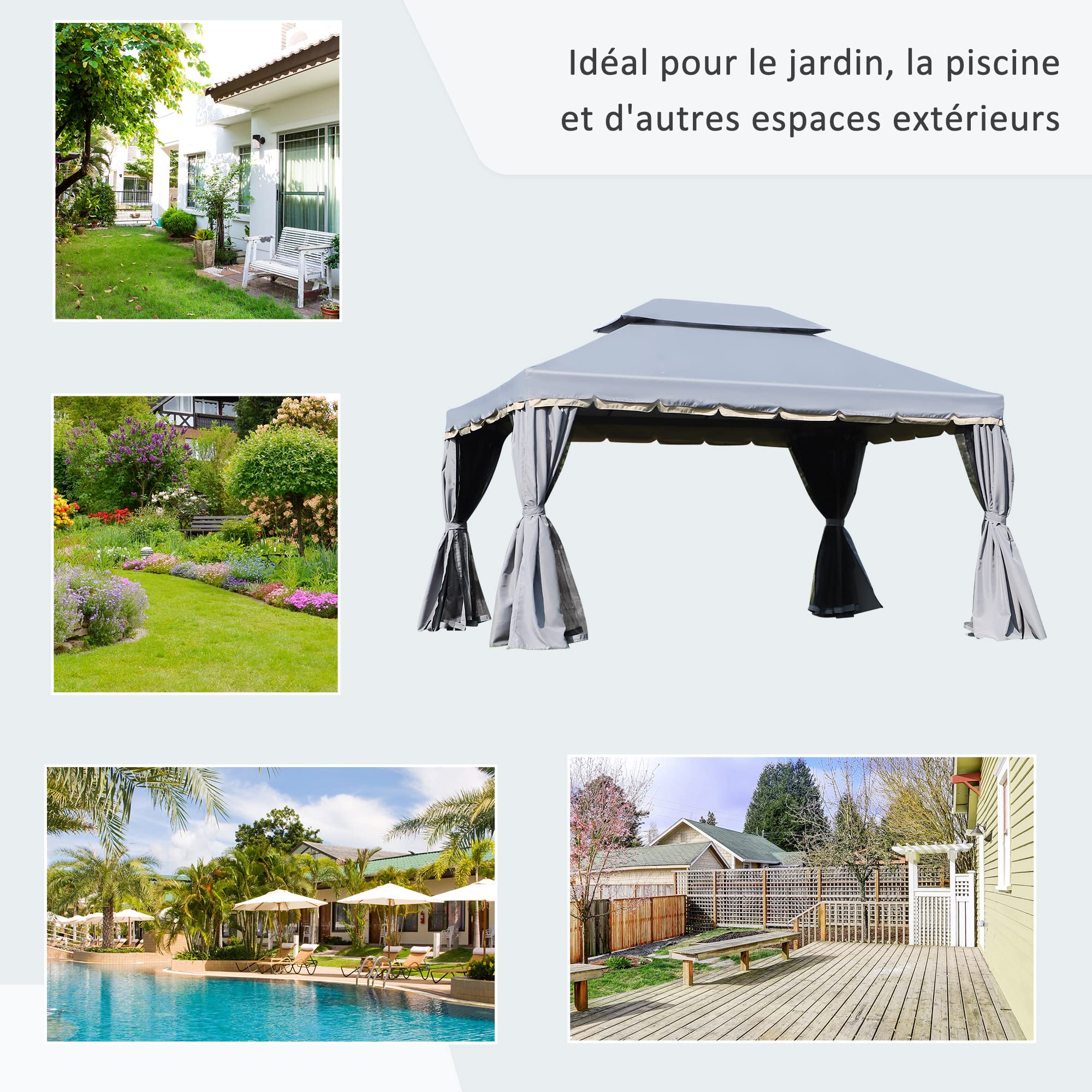 Outsunny Tonnelle de Jardin Extérieur Barnum Toit Double 4x3m Gris | Rideaux et Moustiquaire, Tente de Réception en Aluminium, pour Terrasse Patio Mariage Baptême