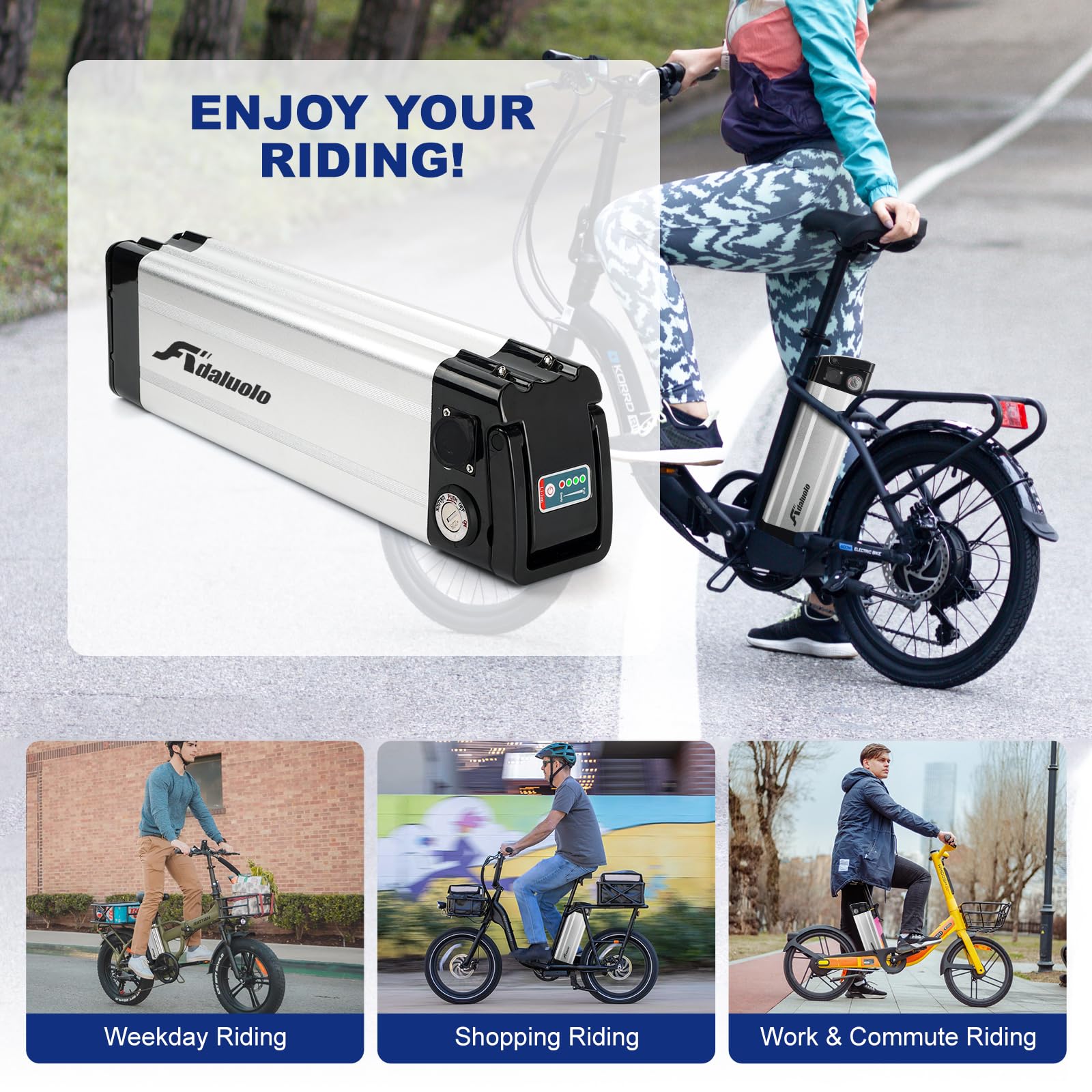 Batería Bicicleta Eléctrica con Cargador, 36V 10Ah Plegable Batería Ebike Reemplazo Plata Litio Pedelec Extraíble Bateríe con 4 Puertos, Bloqueo Seguro para 350W 250W 200W 100W Motor