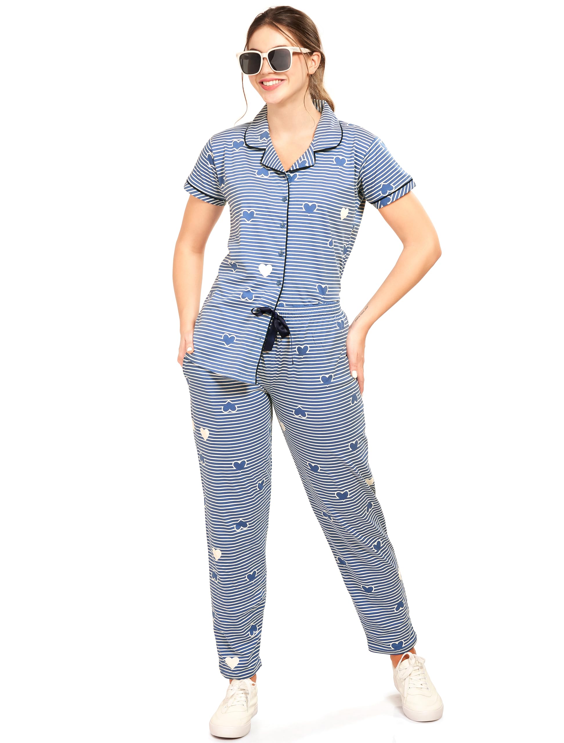 lotik Women's Cotton Heart & Striped Printed Shirt & Payjama Half Sleeve Night Suit Set-picture-30