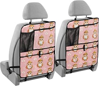 OTVEE Cute Owl Straw Hat Flower Car Backseat Organizer with Tablet Holder, Cute Polyester Car Kick Mats Back Seat Protector with Mesh Pockets for Kids Toddlers Road Trip Essentials, Hanging A
