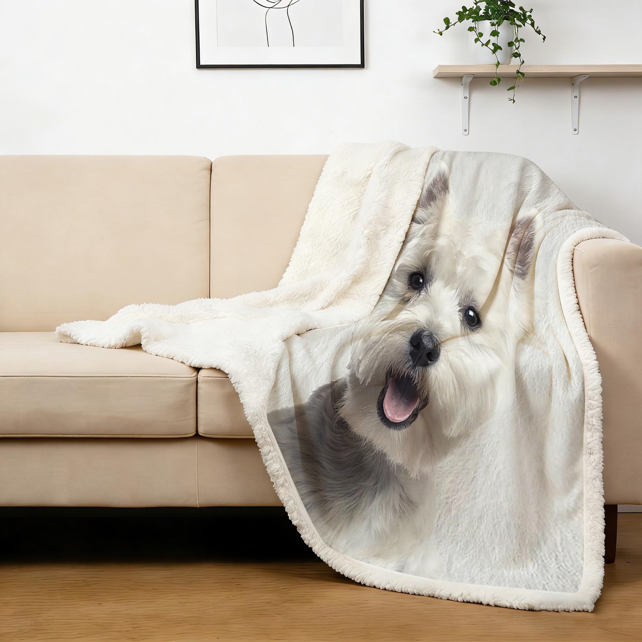 BlessLiving Cute Puppy Dog Print Fleece Throw Blanket Reversible Sherpa Blanket Throws for Couch Bed Sofa Car Seat Twin/Double (white terrier,150x200cm)