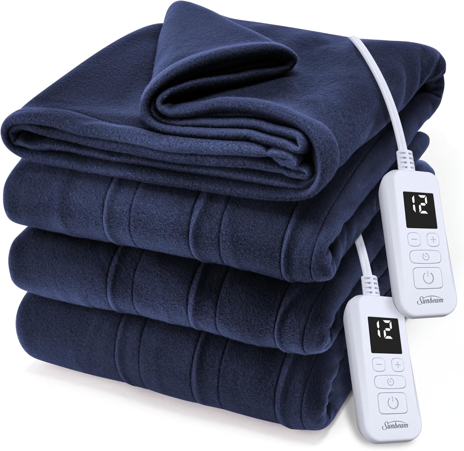 Sunbeam Royal Ultra Fleece Heated Electric Blanket Queen Size, 90" x 84", 12 Heat Settings, 12-Hour Selectable Auto Shut-Off, Fast Heating, Machine Washable, Warm and Cozy, Indigo Indigo Queen