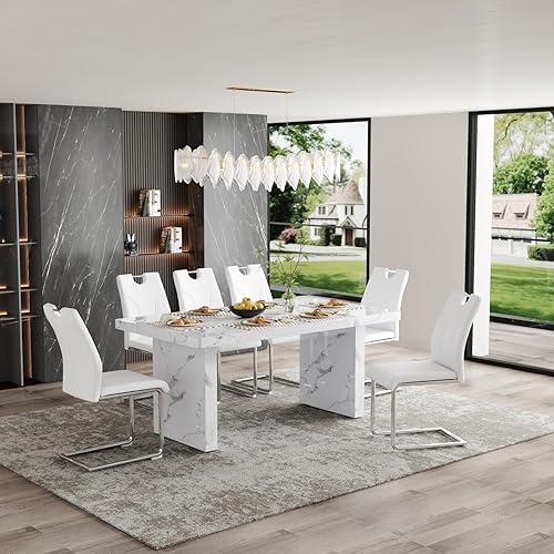 Miniatura 26 de Juego de mesa de comedor moderno para 6, juego de mesa de comedor blanco de 63 pulgadas para 6, tablero de mesa de cocina MDF con patrón de mármol y