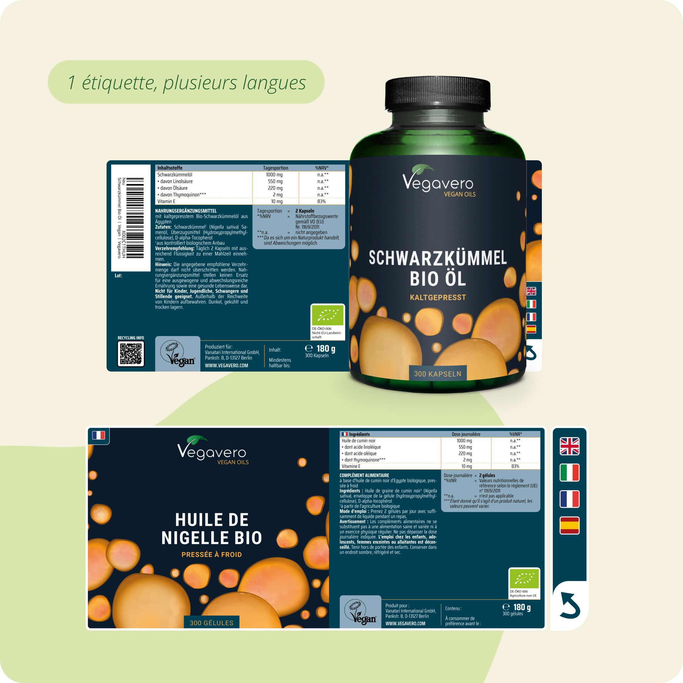 Nigelle BIO & VEGAN | 300 Gélules | 1000mg d’Huile de Cumin Noir | Immunité + Peau | Avec Thymoquinone & Acide Linoléique (Oméga 6) | Pressé à Froid | Vegavero®