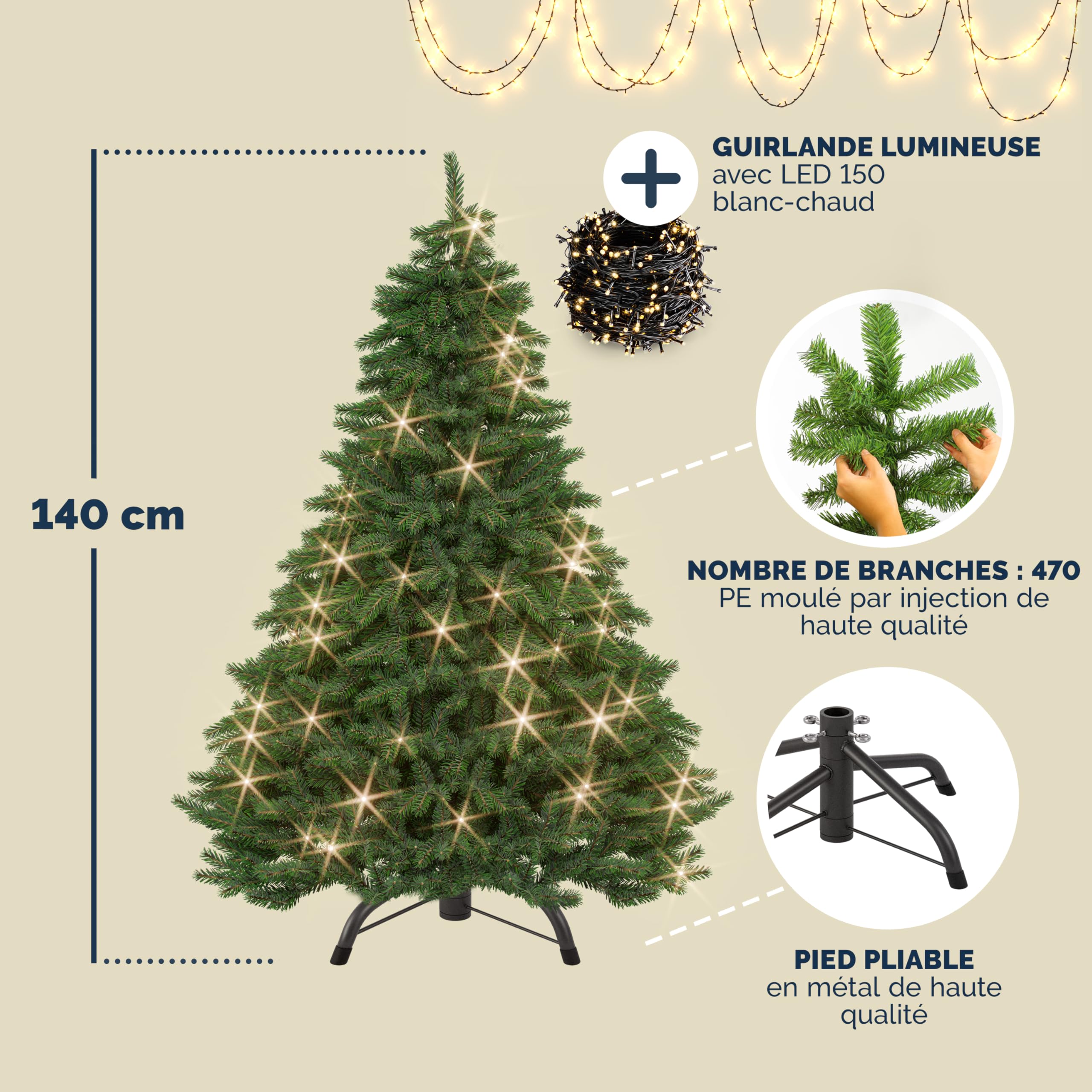 CASARIA® Sapin de Noël Artificiel Premium M 140cm avec Guirlande Lumineuse Support métal Arbre de noël Imitation Parfaite densité Branches