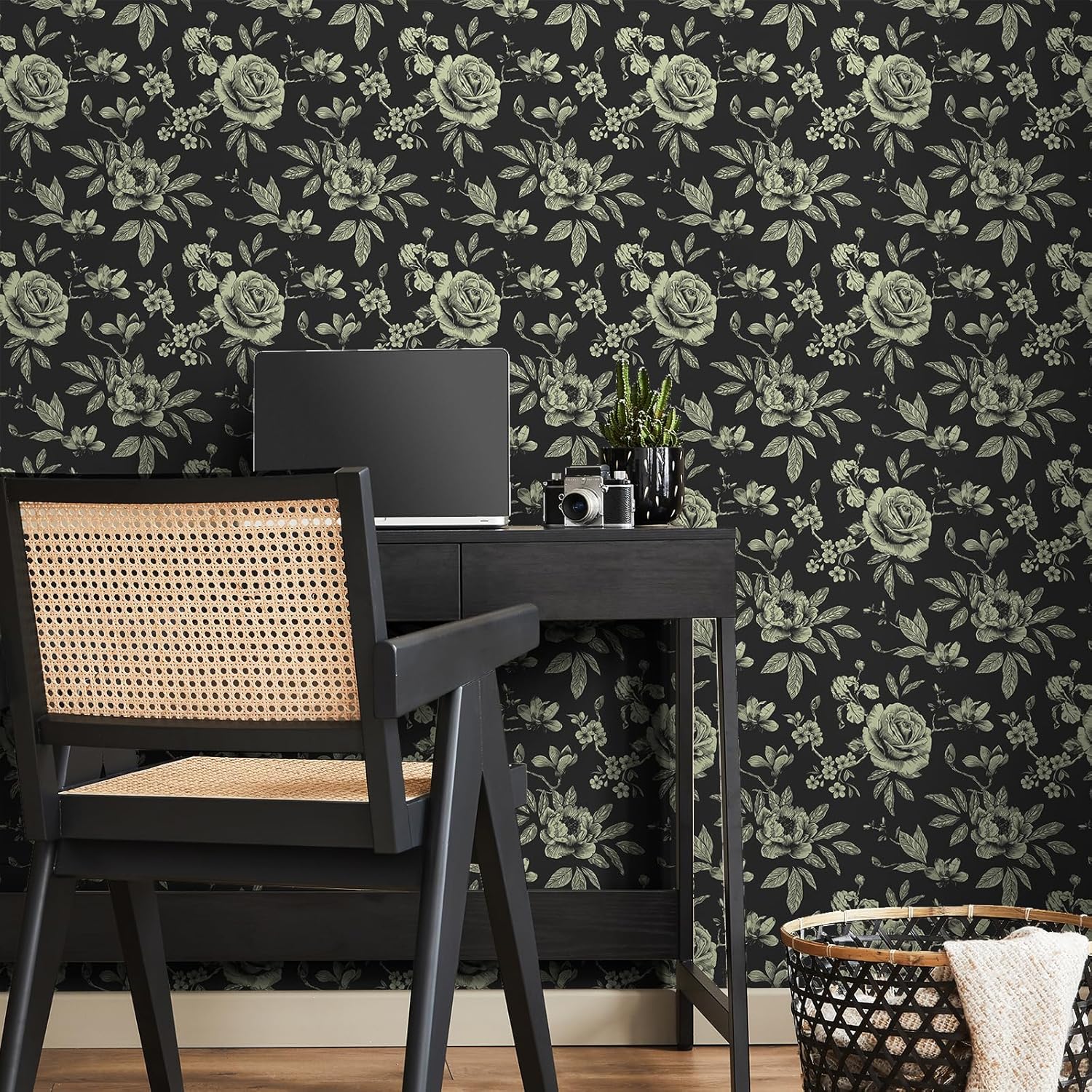 Vintage Black Rose Floral Wallpaper Peel and Stick Antique Moody Dark Flower Wallpaper Prepasted Decorative Floral Contact Paper 12"x118" Sticky Removable Room Wall Covering for Home Decor