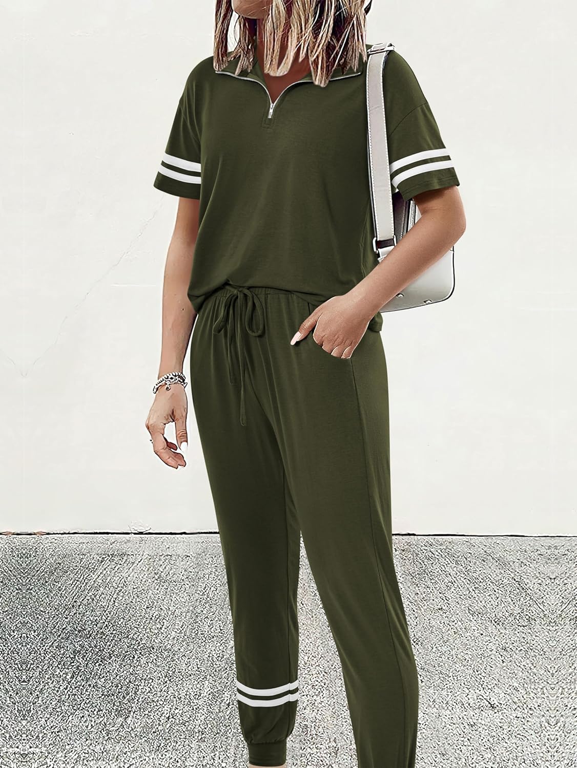 MASCOMODA 2 Piece Outfits for Women 2026 Summer Casual Quarter Zip Short Sleeve Tops Long Pants Tracksuit Jogger Lounge Sets - Image 2