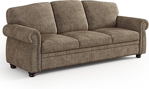 ONBRILL Sofá con ribete de clavos de 90 pulgadas para sala de estar, sofá con asiento enrollado de 23 pulgadas de profundidad, cómodo sofá tapizado
