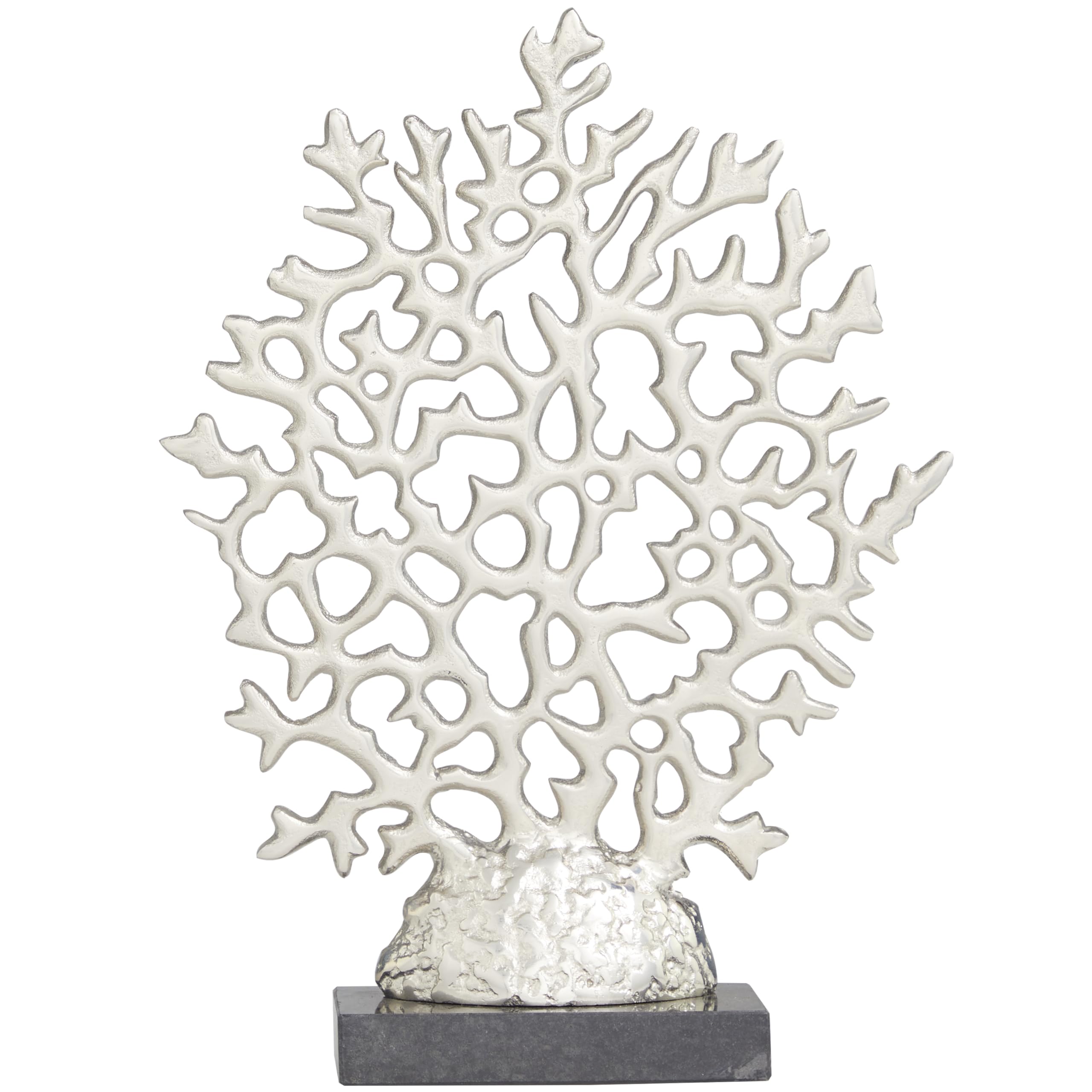 Deco 79 Aluminum Metal Coral Decorative Sculpture Home Decor Statue with Marble Base, Accent Figurine 12" x 3" x 16", Silver
