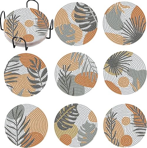 8 posavasos de pintura de diamantes de hojas con soporte, diseño de hojas grises, estilo bohemio, para adultos, niños, principiantes, kits de