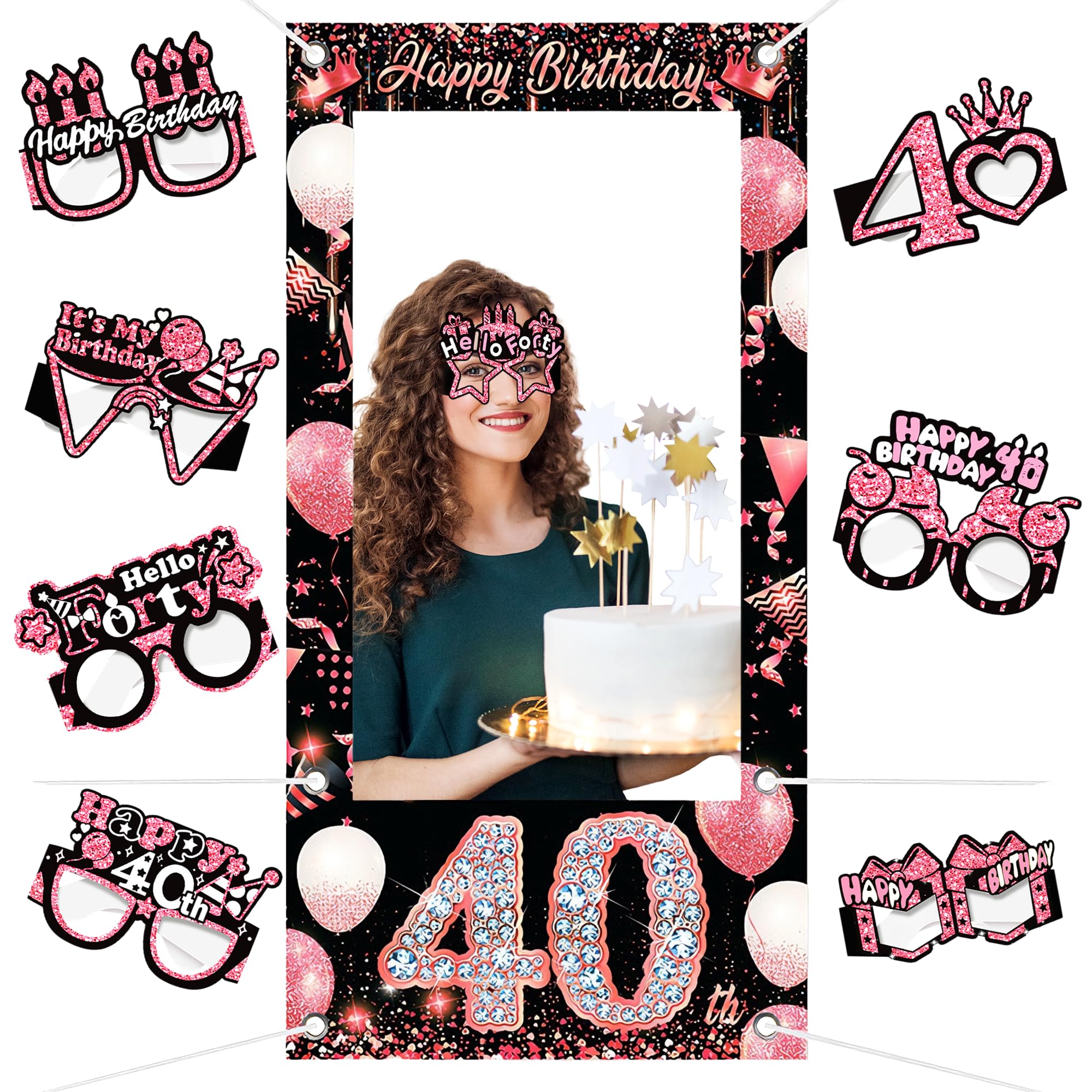 9Pcs Photo Booth Props for Birthday, Pink Gold Photobooth Paper Eyeglasses, 40th Birthday Props Decoration for Women Men Birthdays Party Favors Gifts 40 Year Celebration