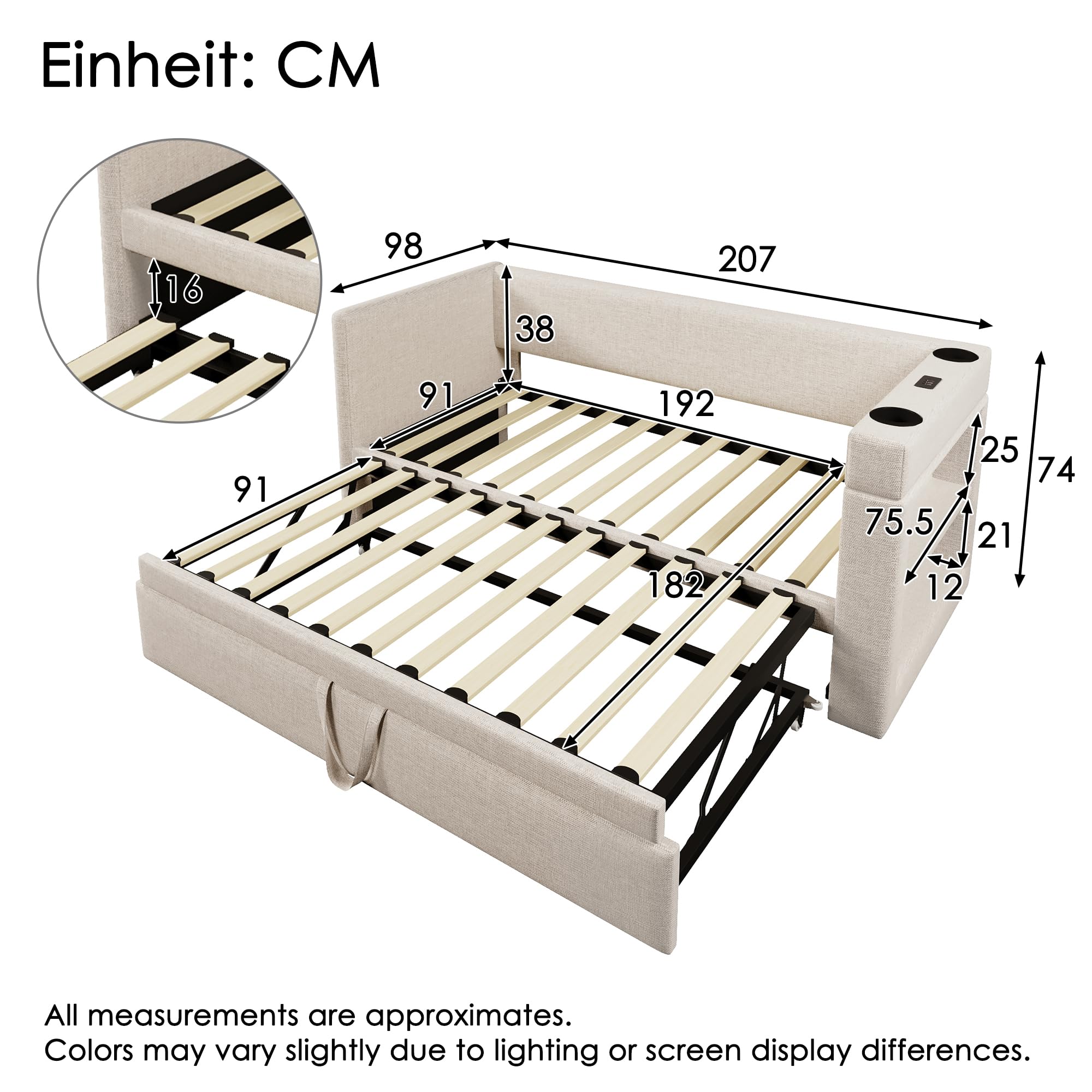 Cama de día multifunción para jóvenes, 90 x 190 cm, cama nido con puertos USB Type-C y USB y soporte para bebidas, cama infantil, cama tapizada, cama plegable, cama de invitados, beige (sin