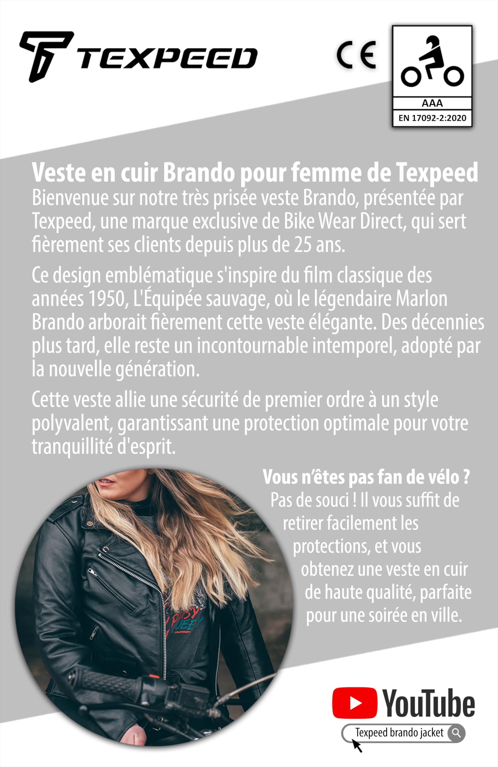 Texpeed Veste moto en cuir pour femme perfect Marlon Brando - Veste de moto de tourisme avec protection véritable biker CE armor (EN 1621-1) Noir - 5XL